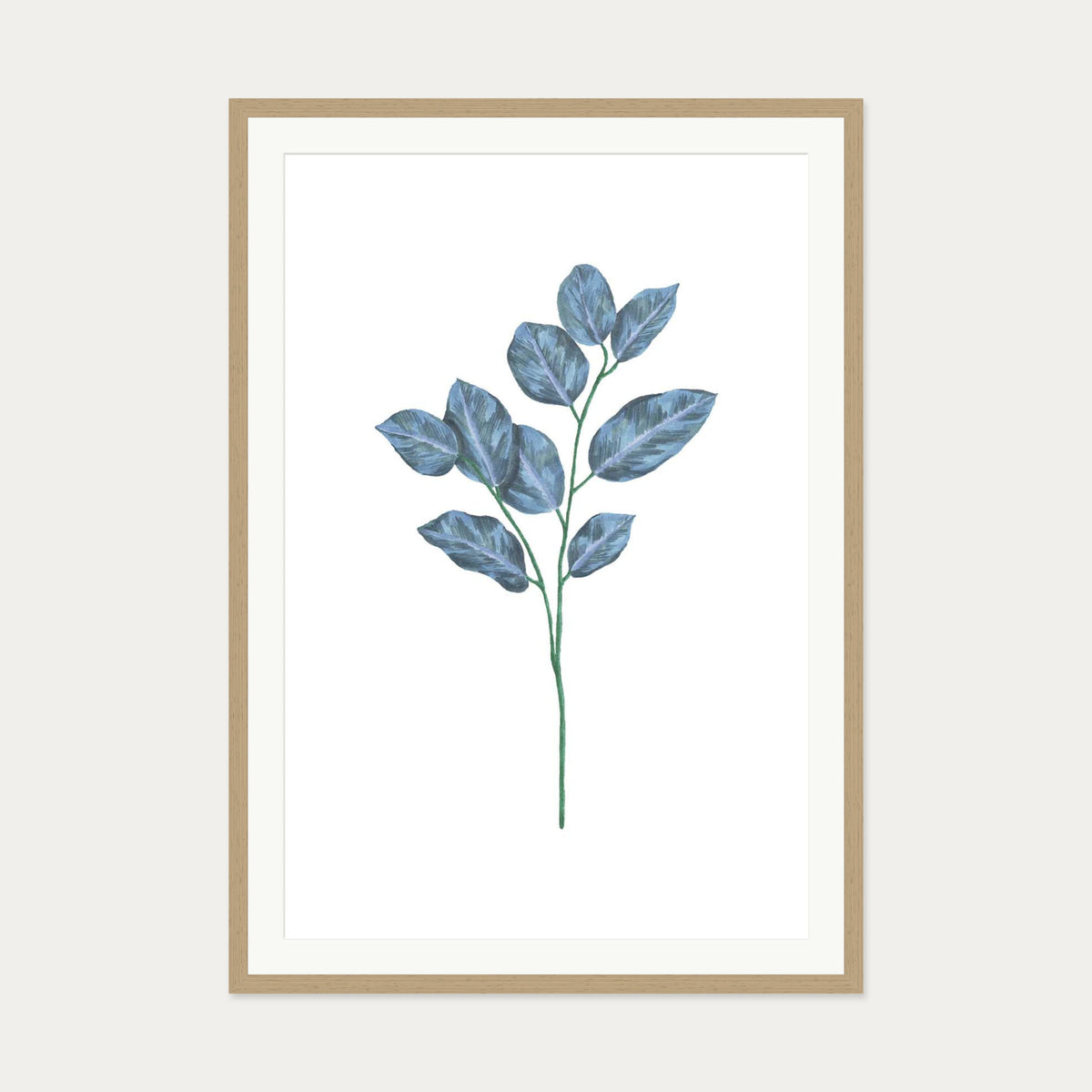 Blue Botanical Stem Art Print — 70 x 100 cm — Oak Frame