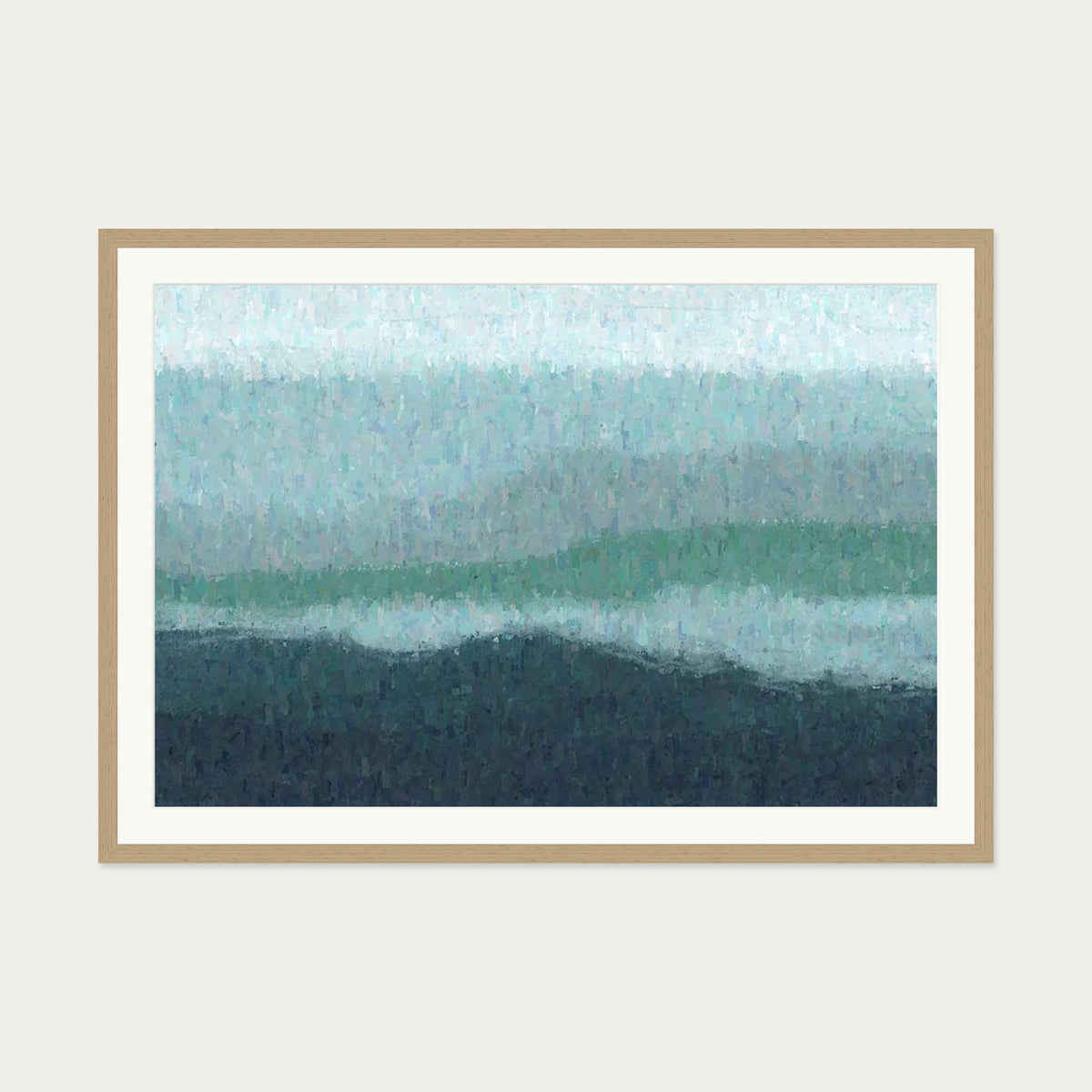 Blue Coastal Abstract Scene Art Print — 70 x 100 cm — Oak Frame