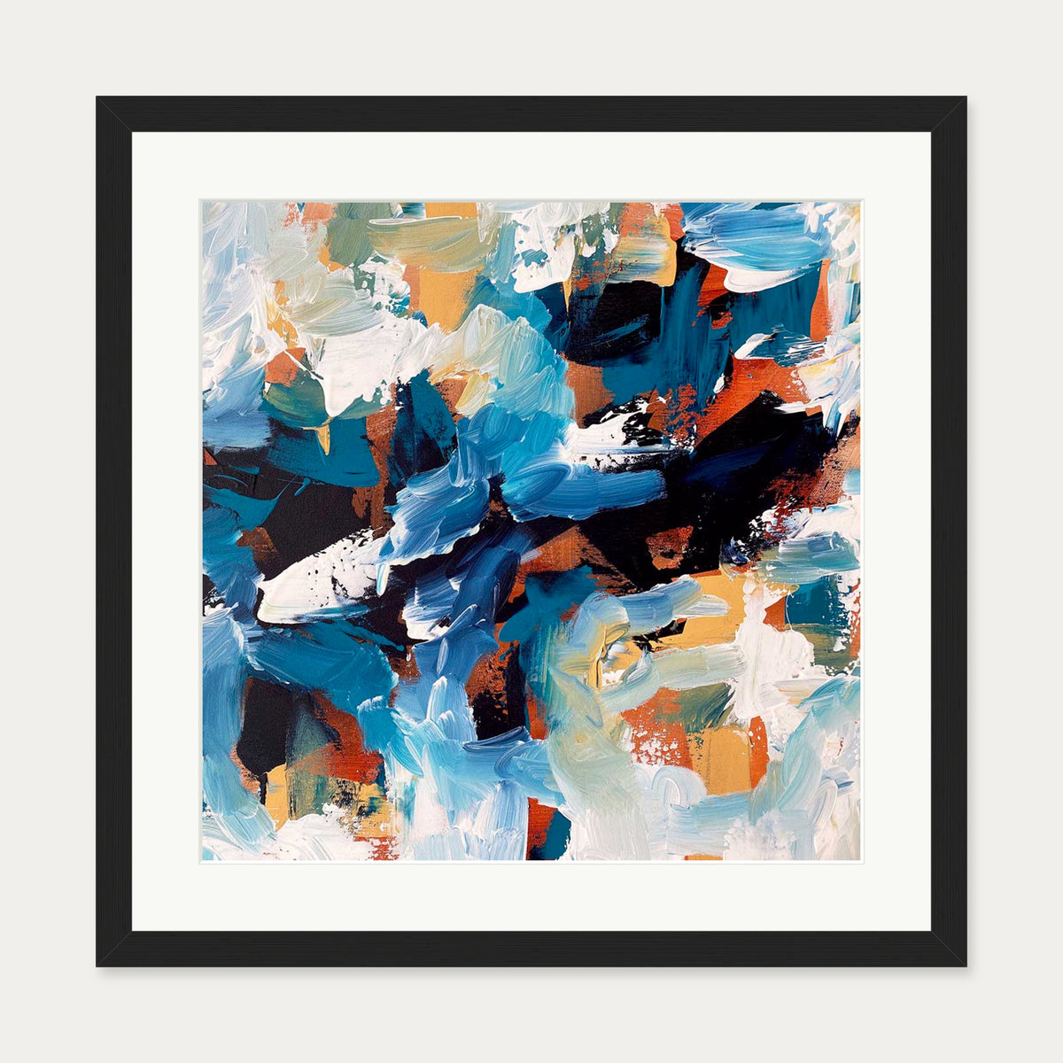 Blue Coastline Abstract Art Print — 50 x 50 cm — Black Frame