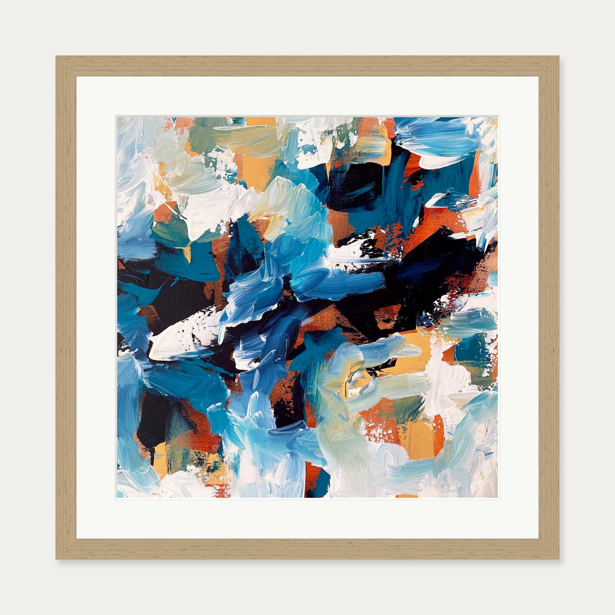 Blue Coastline Abstract Art Print — 50 x 50 cm — Oak Frame