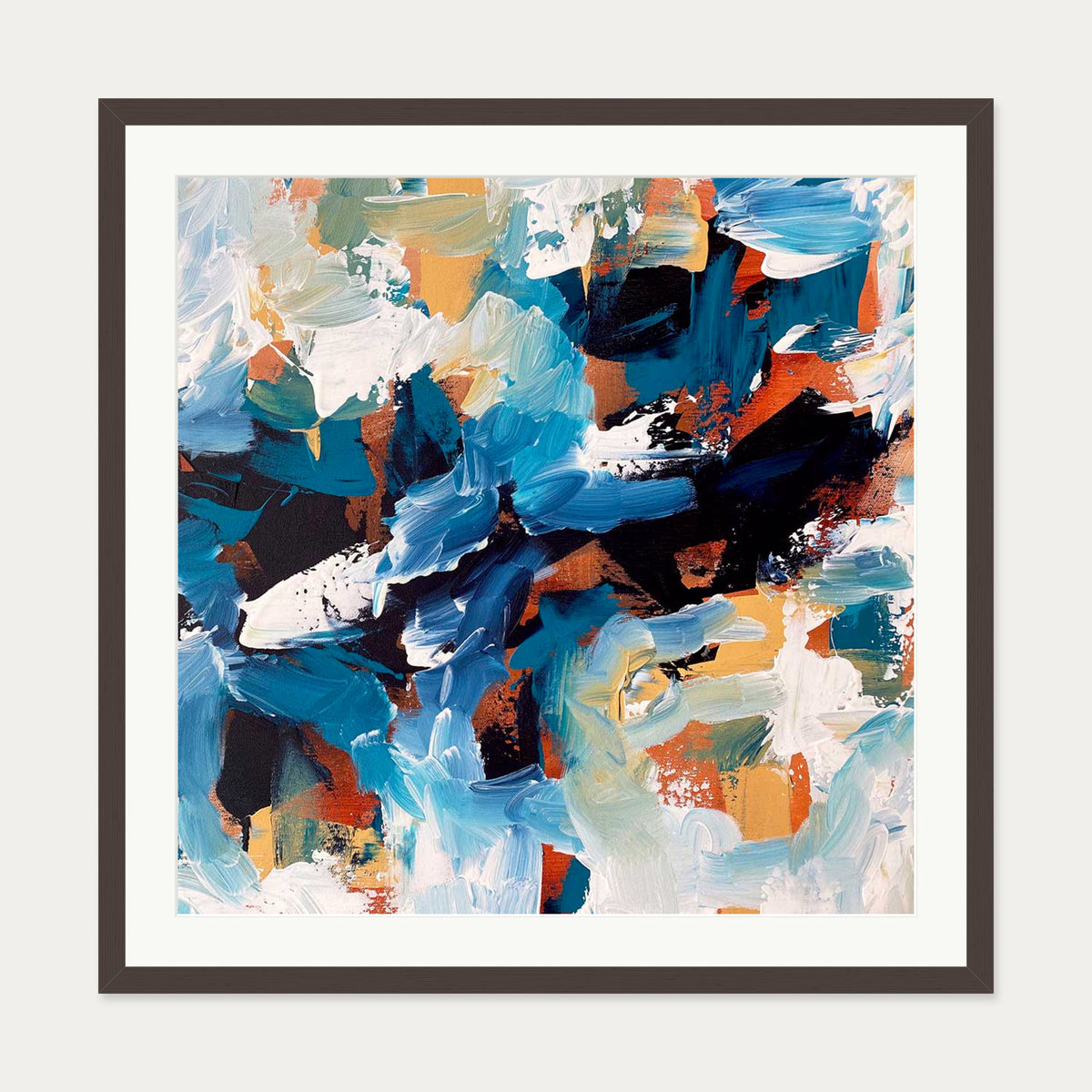 Blue Coastline Abstract Art Print — 70 x 70 cm — Brown Frame