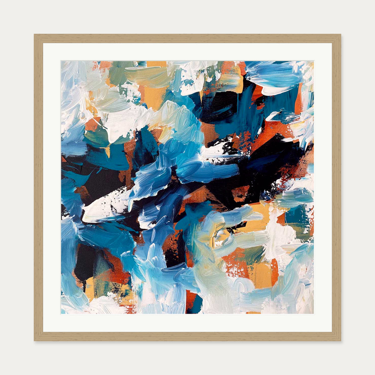 Blue Coastline Abstract Art Print — 70 x 70 cm — Oak Frame