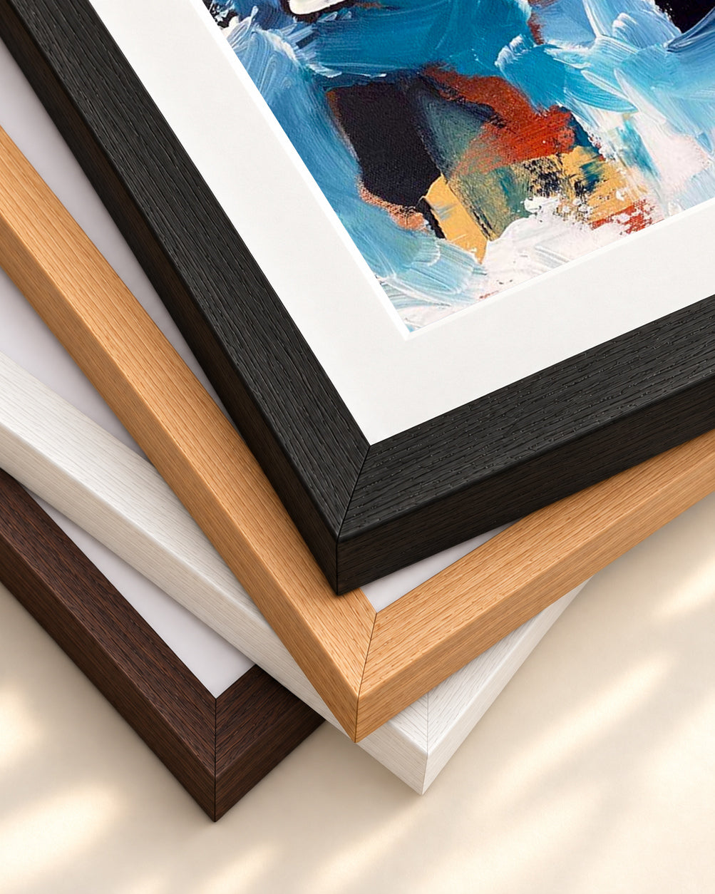 Blue Coastline Abstract Art Print — framed print corner with 5 cm mount and bevel