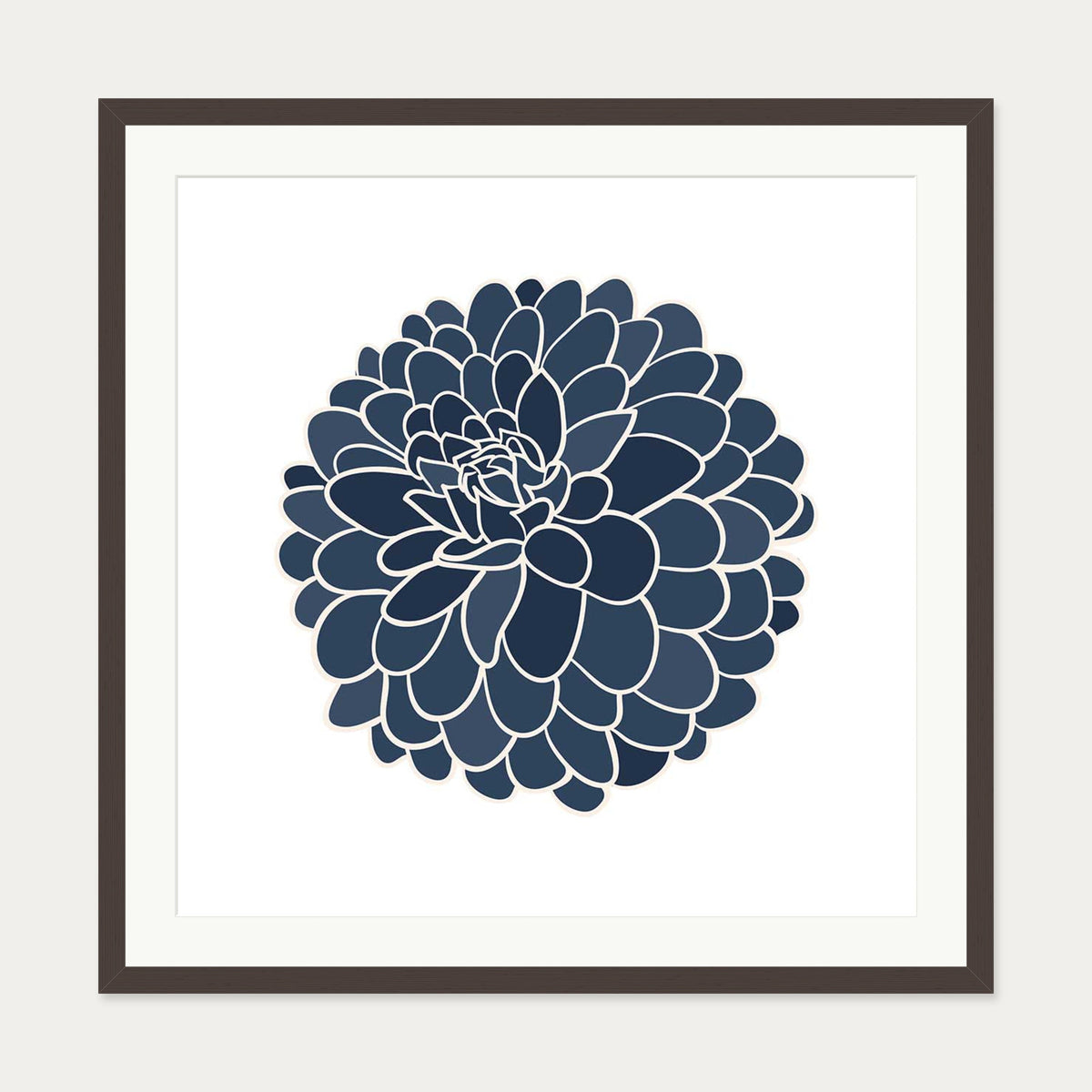 Blue Dahlia Square Art Print — 70 x 70 cm — Brown Frame