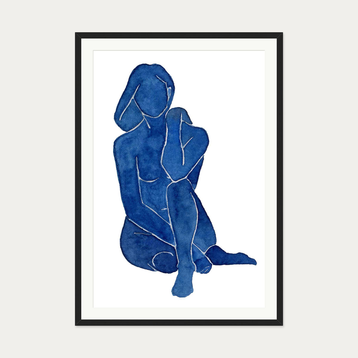 Blue Female Nude Art Print — 70 x 100 cm — Black Frame
