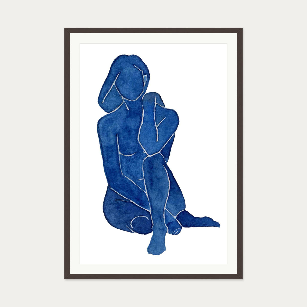 Blue Female Nude Art Print — 70 x 100 cm — Brown Frame
