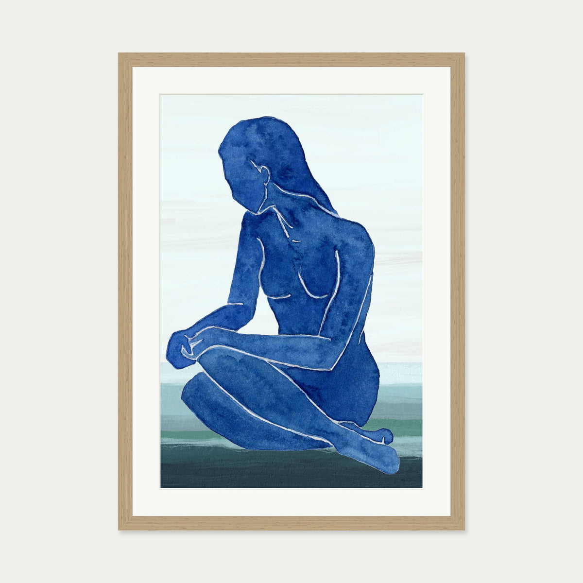 Blue Nude Figure Art Print — 50 x 70 cm — Oak Frame