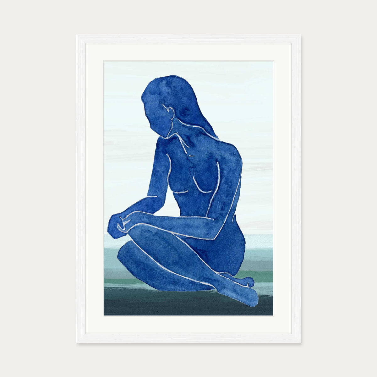 Blue Nude Figure Art Print — 50 x 70 cm — White Frame