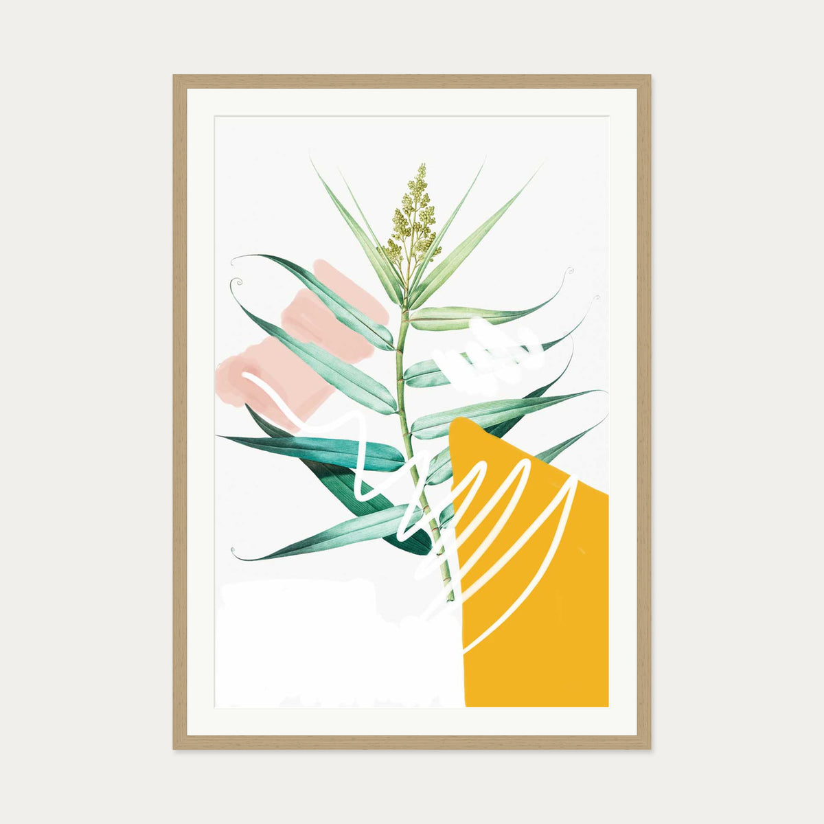 Botanical Contemporary Leaf Art Print — 70 x 100 cm — Oak Frame