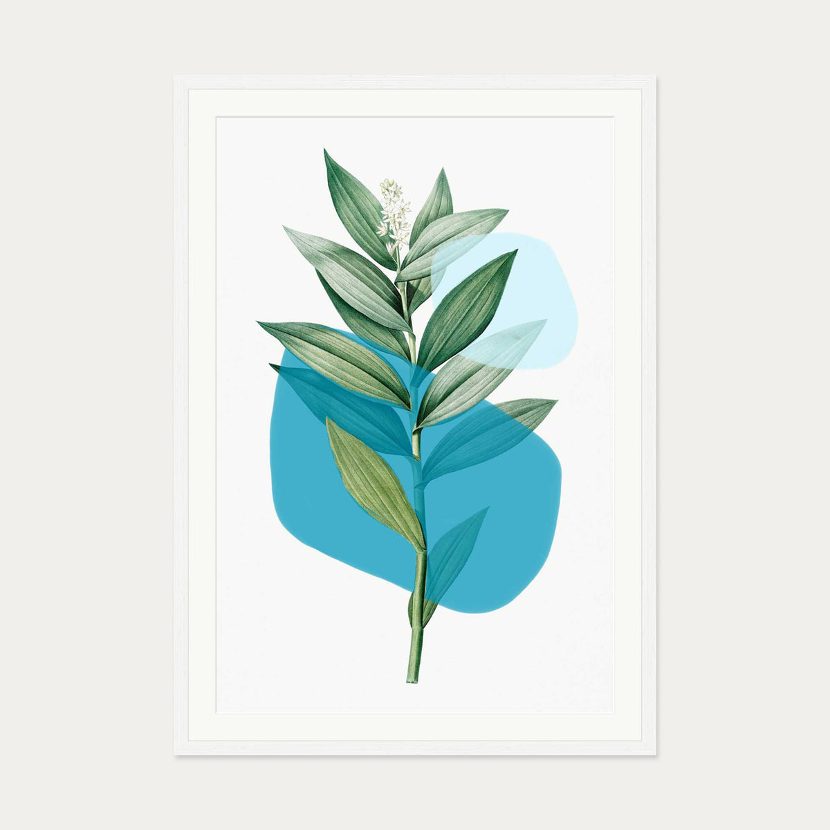 Botanical Leaf With Abstract Shapes Art Print — 70 x 100 cm — White Frame
