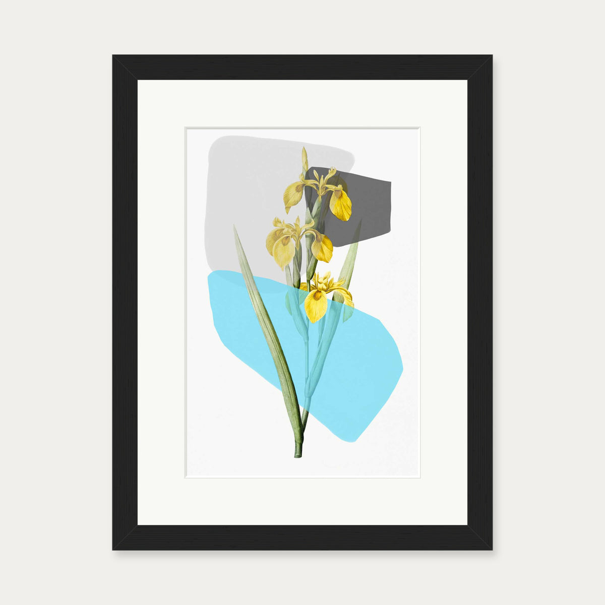 Botanical Vintage Leaves Blue Stripe Art Print — 30 x 40 cm — Black Frame