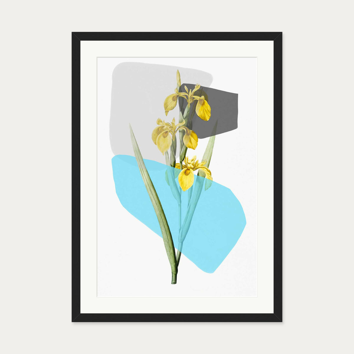 Botanical Vintage Leaves Blue Stripe Art Print — 50 x 70 cm — Black Frame