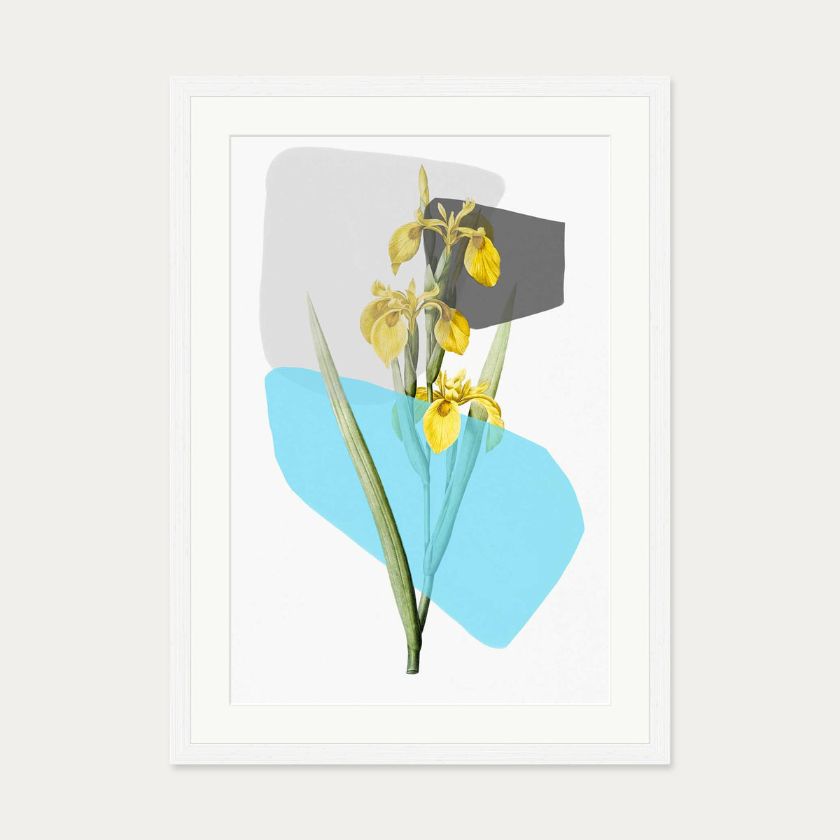 Botanical Vintage Leaves Blue Stripe Art Print — 50 x 70 cm — White Frame