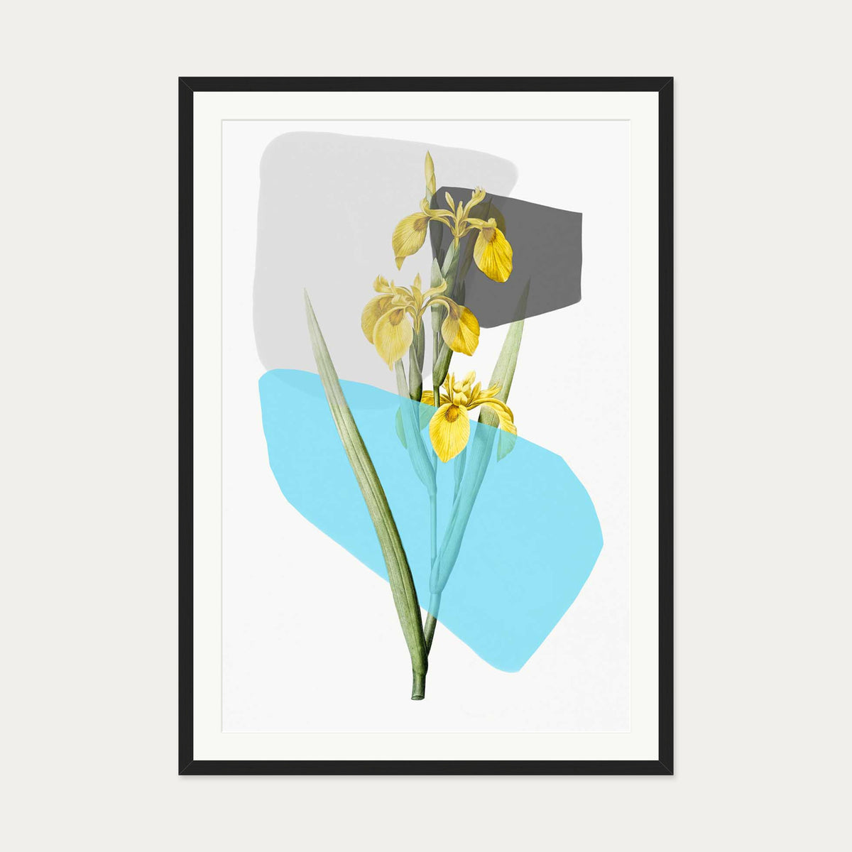 Botanical Vintage Leaves Blue Stripe Art Print — 70 x 100 cm — Black Frame