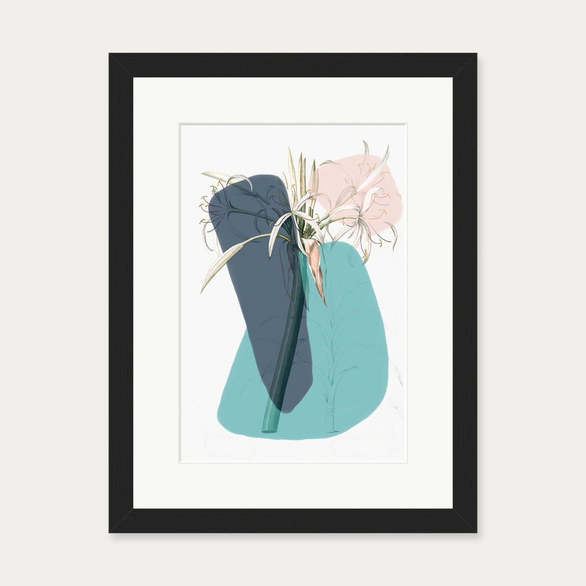 Botanical Vintage Teal Art Print — 30 x 40 cm — Black Frame
