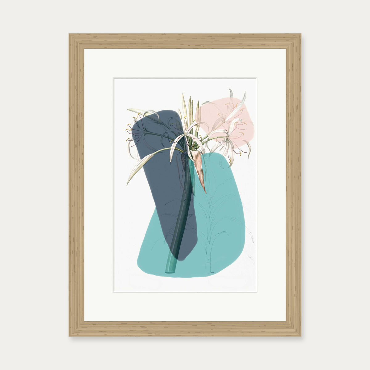 Botanical Vintage Teal Art Print — 30 x 40 cm — Oak Frame