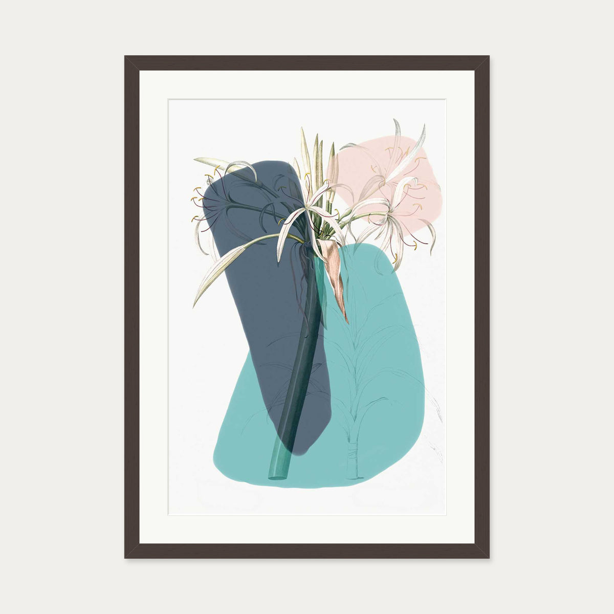 Botanical Vintage Teal Art Print — 50 x 70 cm — Brown Frame