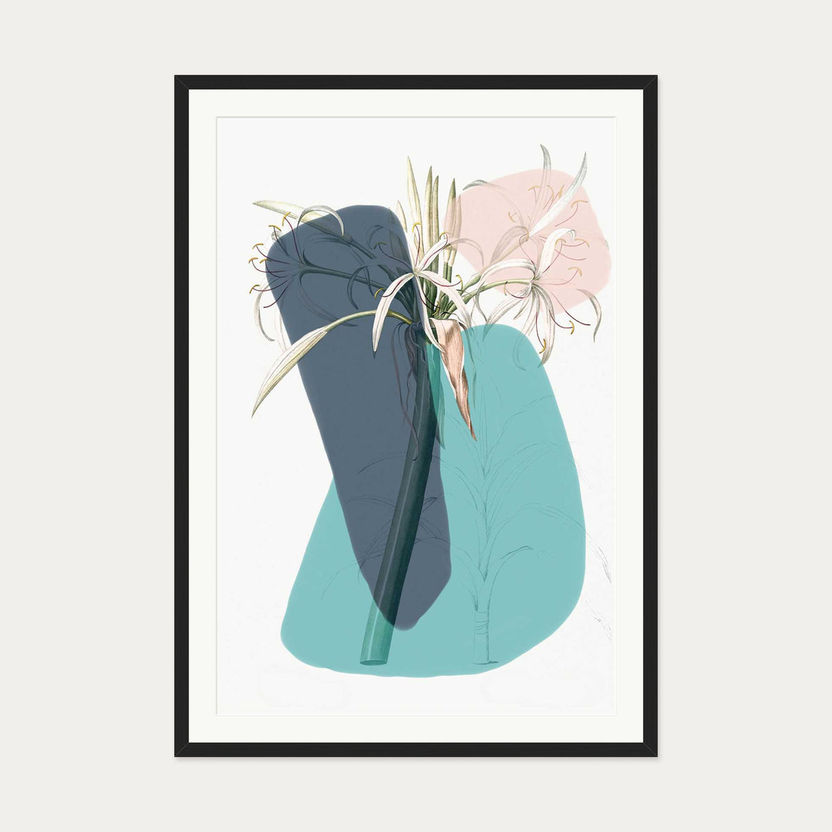 Botanical Vintage Teal Art Print — 70 x 100 cm — Black Frame
