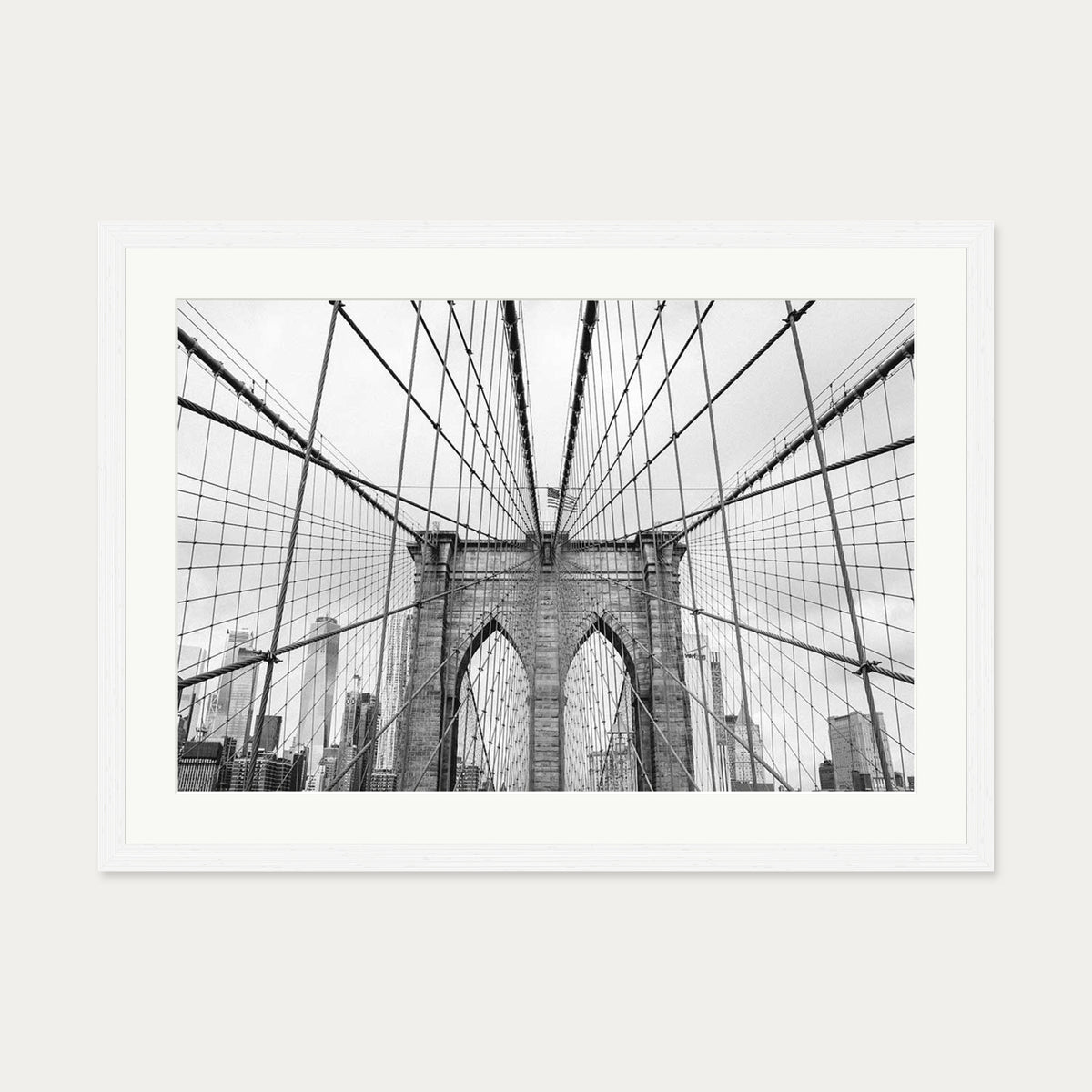 Brooklyn Bridge black & White Wall Art Print — 50 x 70 cm — White Frame