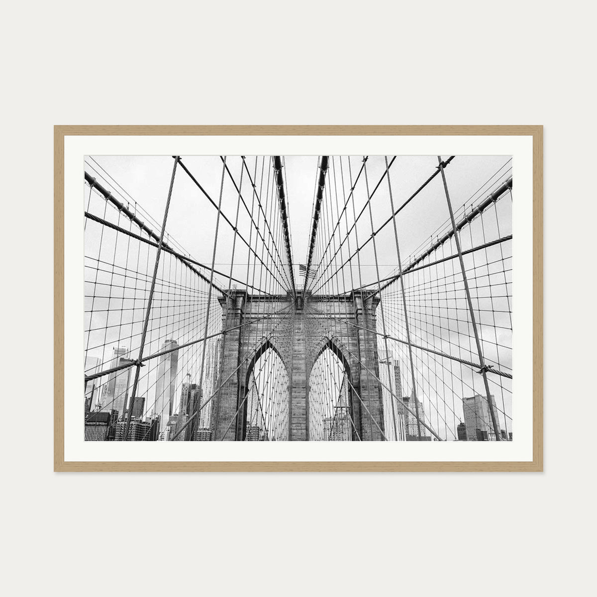 Brooklyn Bridge black & White Wall Art Print — 70 x 100 cm — Oak Frame