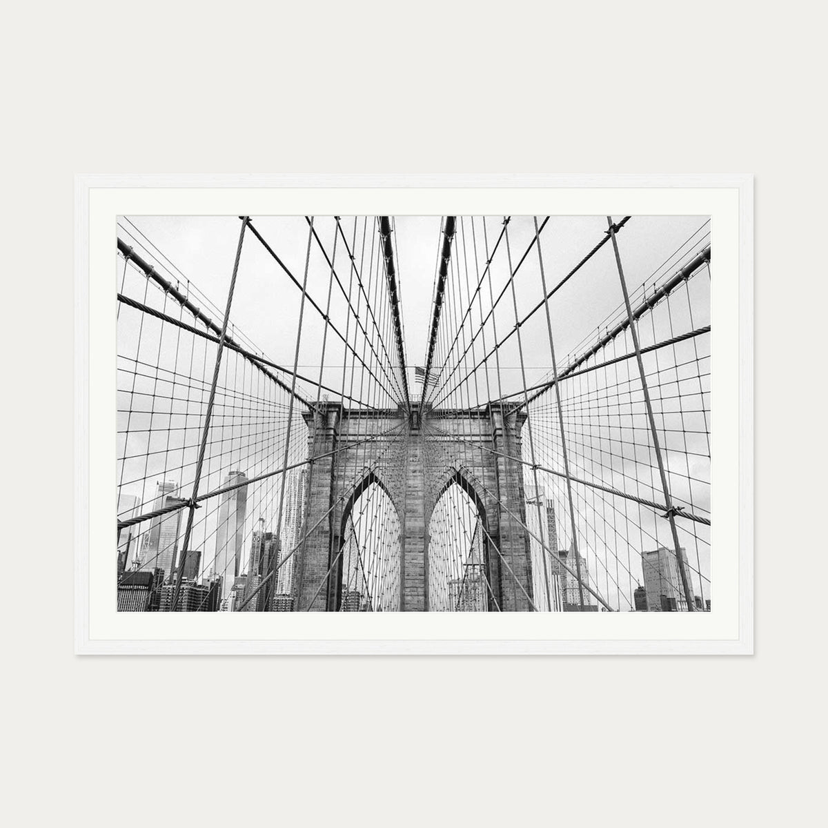 Brooklyn Bridge black & White Wall Art Print — 70 x 100 cm — White Frame