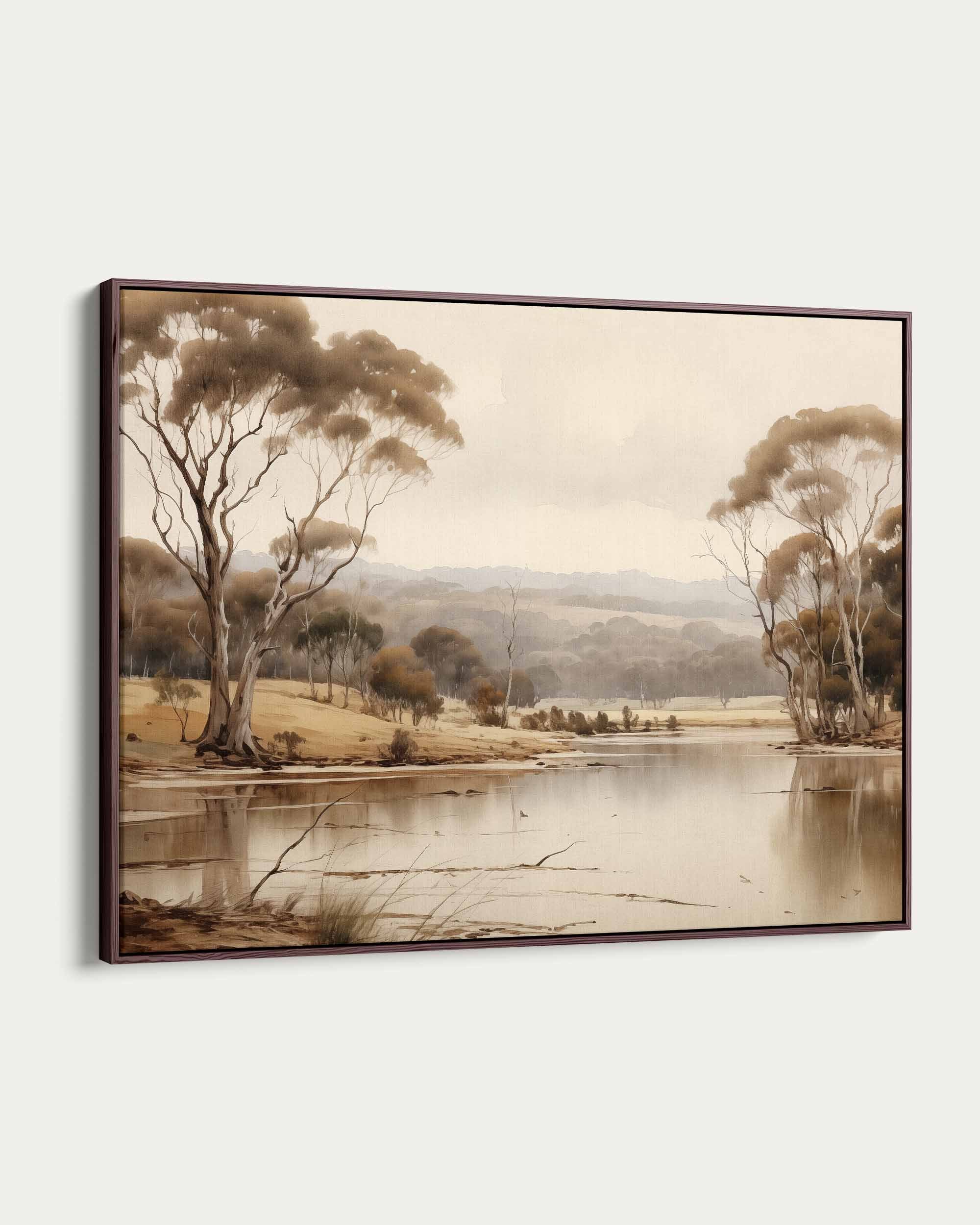 Framed artwork of a landscape with trees and a lake on a white background
