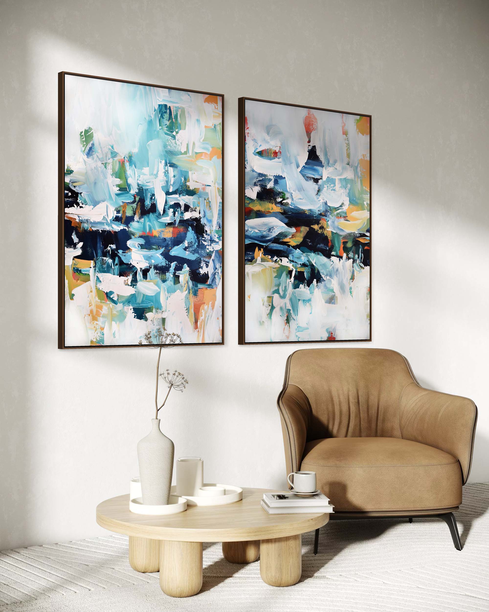 Modern living room with abstract art, beige armchair, and wooden coffee table.