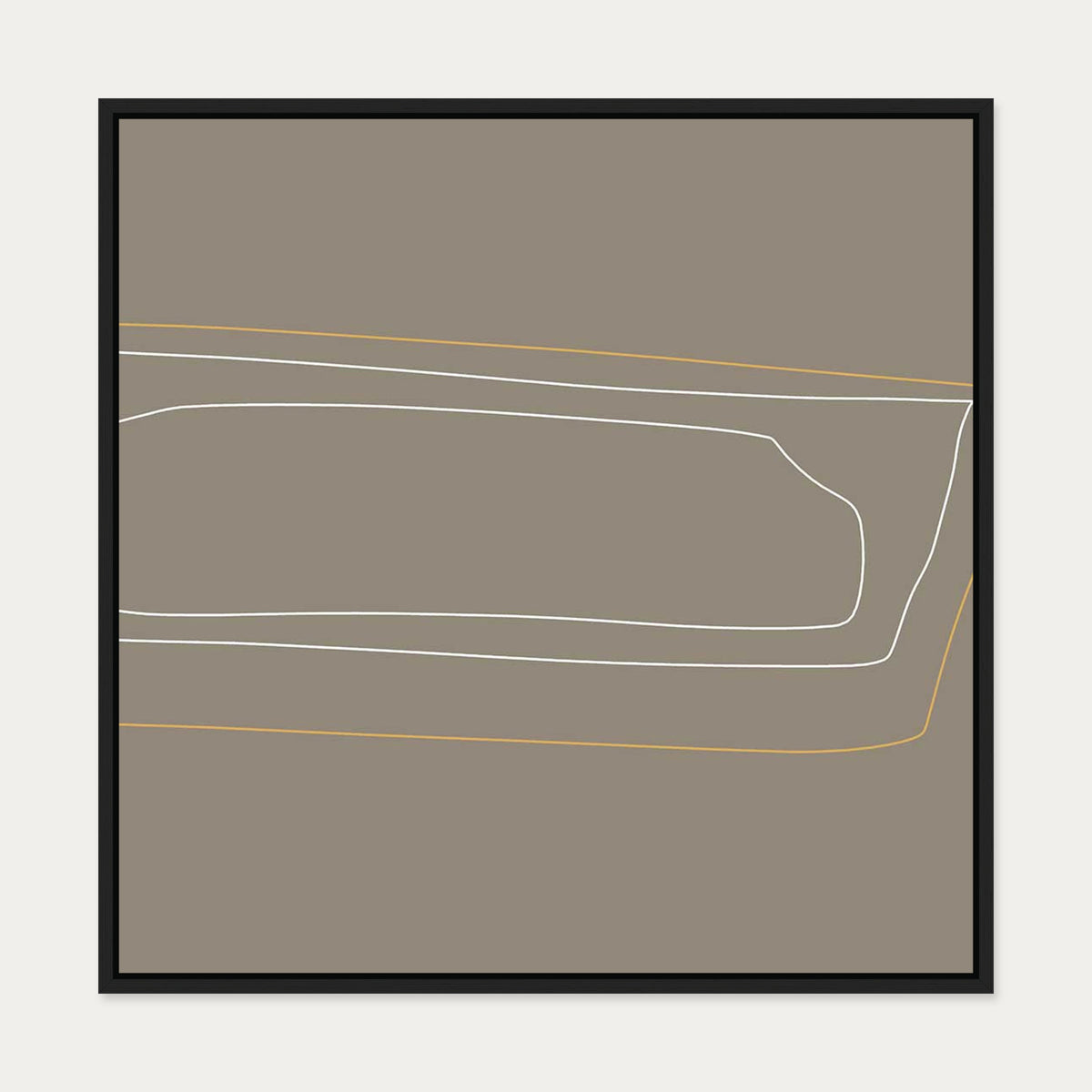 Brown On White Gold Lines Canvas Art — 70 x 70 cm — Black Frame