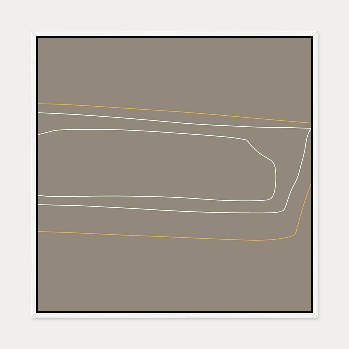 Brown On White Gold Lines Canvas Art — 70 x 70 cm — White Frame