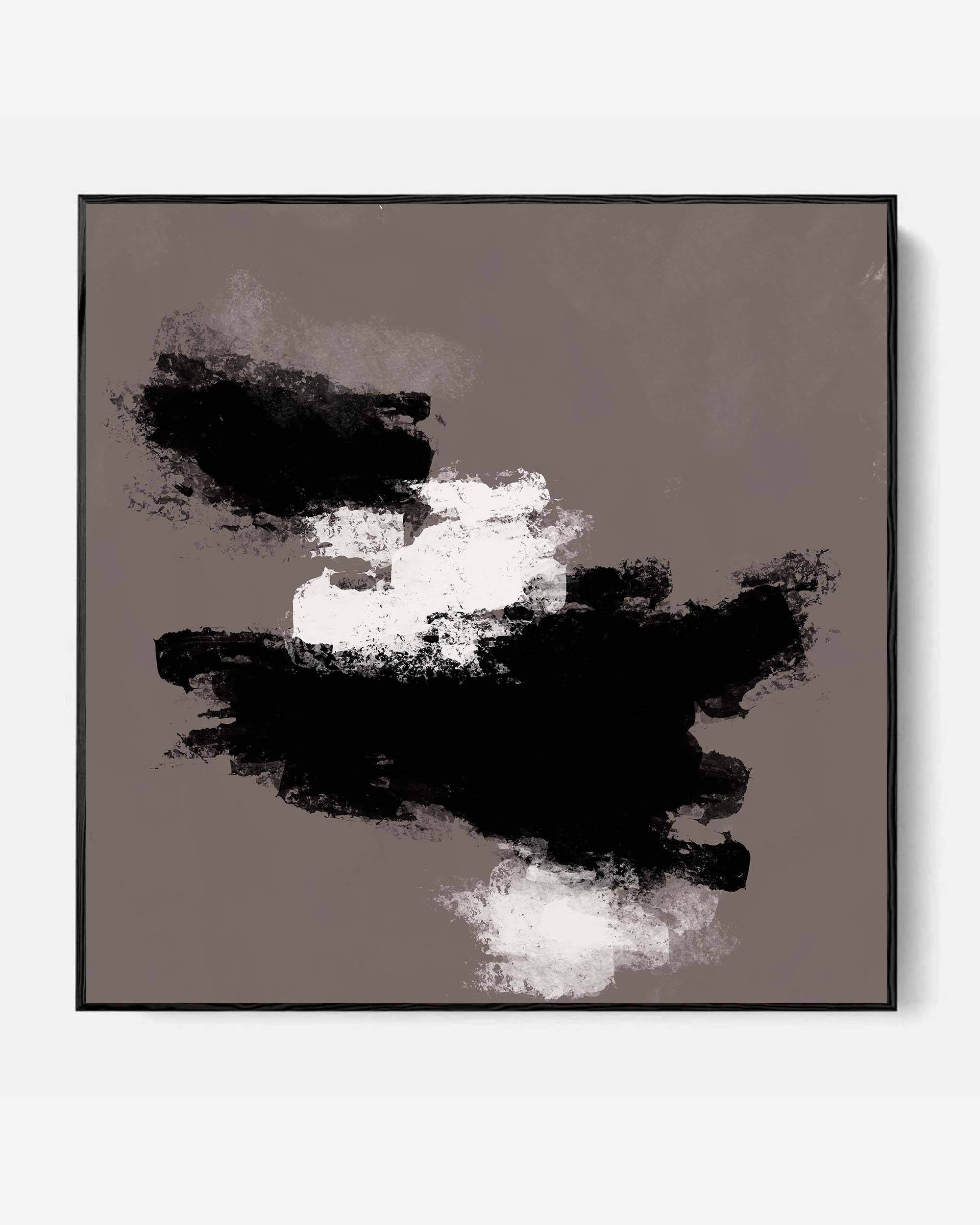 A framed canvas featuring an abstract design with black, grey, and white colors, presented in a simple black frame.