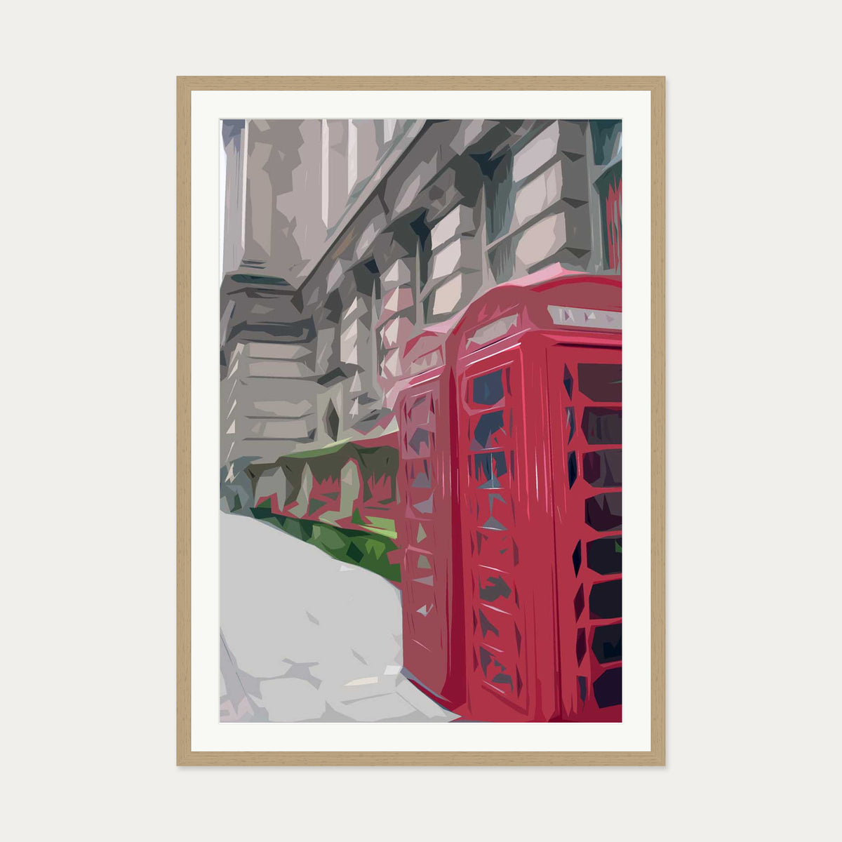 Brushed London Phone Booth Art Print — 70 x 100 cm — Oak Frame