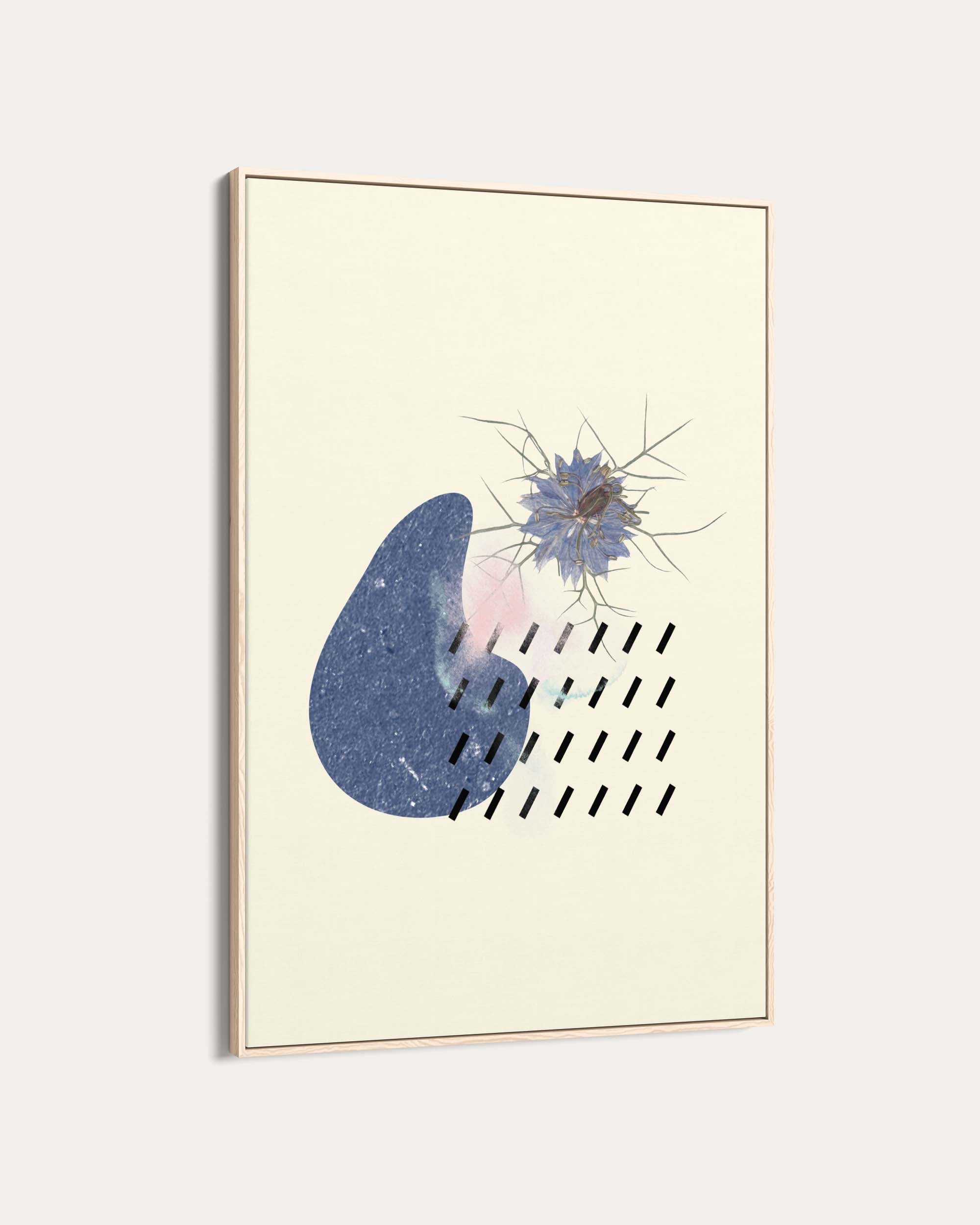 Abstract art print with blue and pink shapes on a beige background