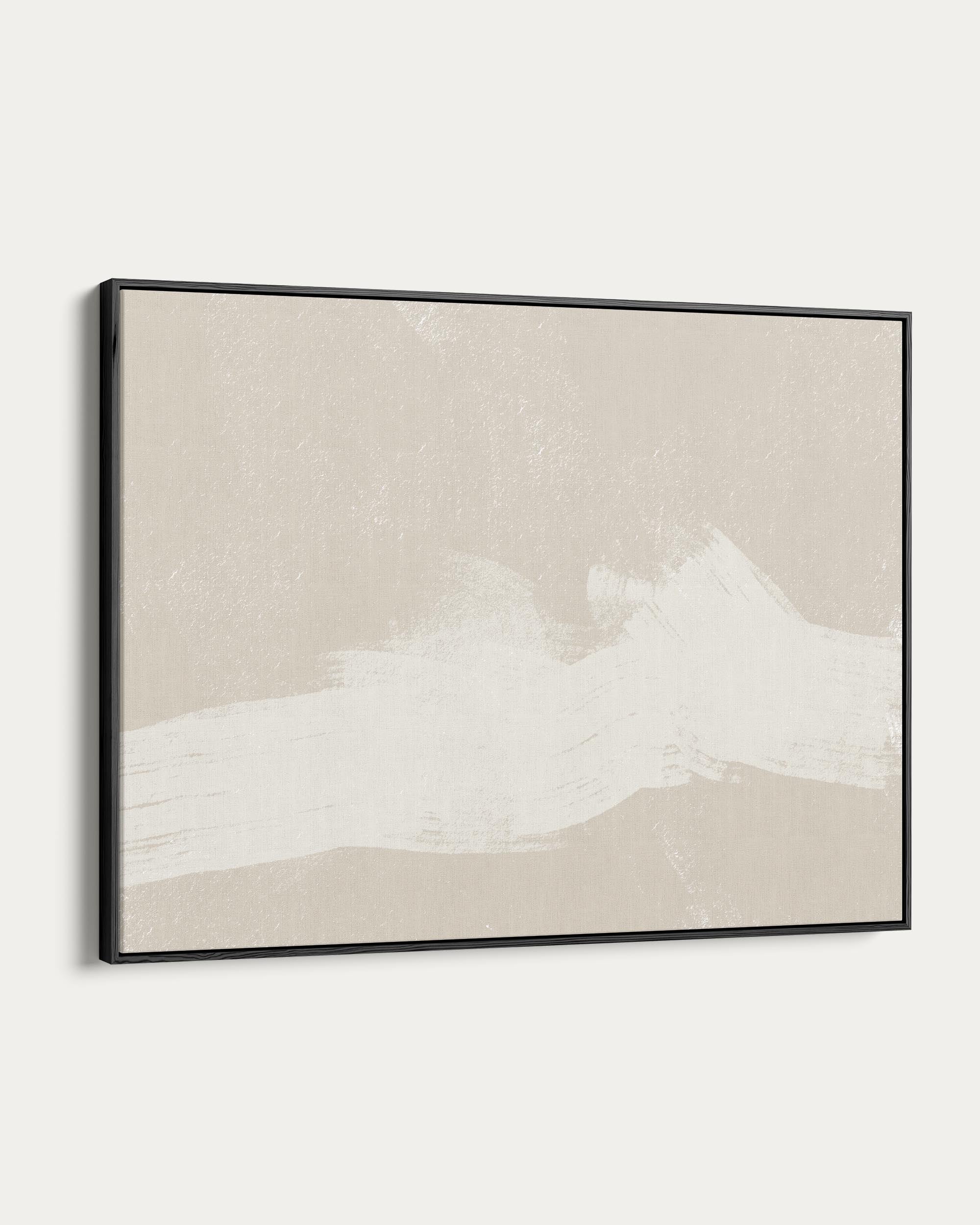 Framed abstract art piece with beige and white colors on a white background