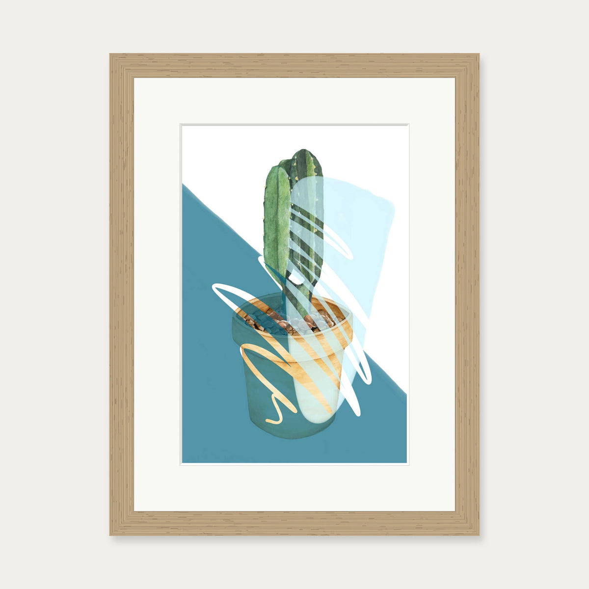 Cactus In A Pot Art Print — 30 x 40 cm — Oak Frame