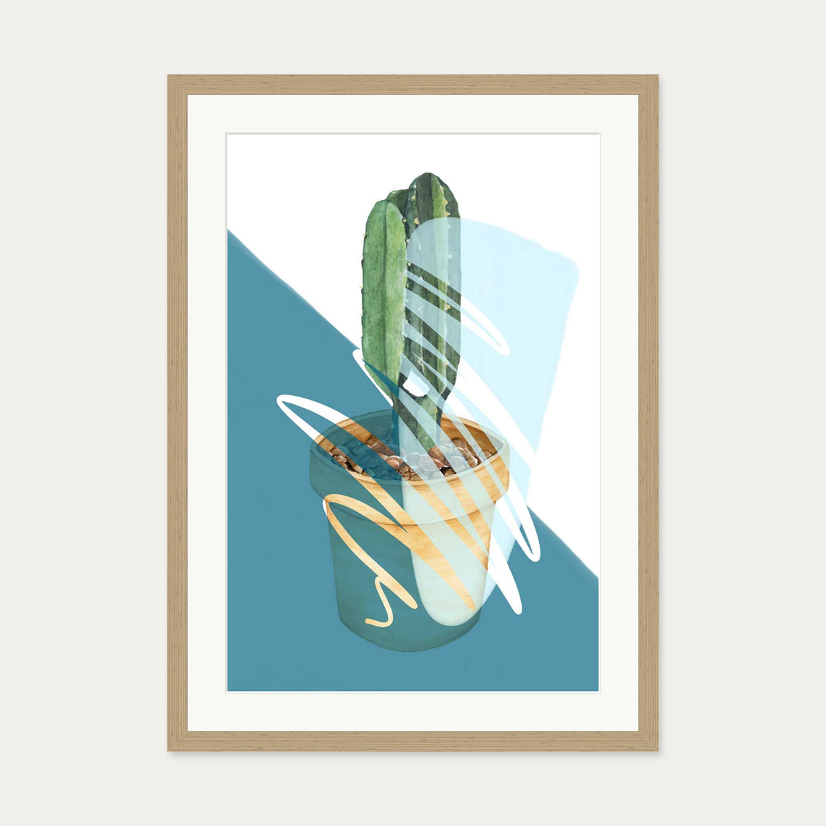 Cactus In A Pot Art Print — 50 x 70 cm — Oak Frame