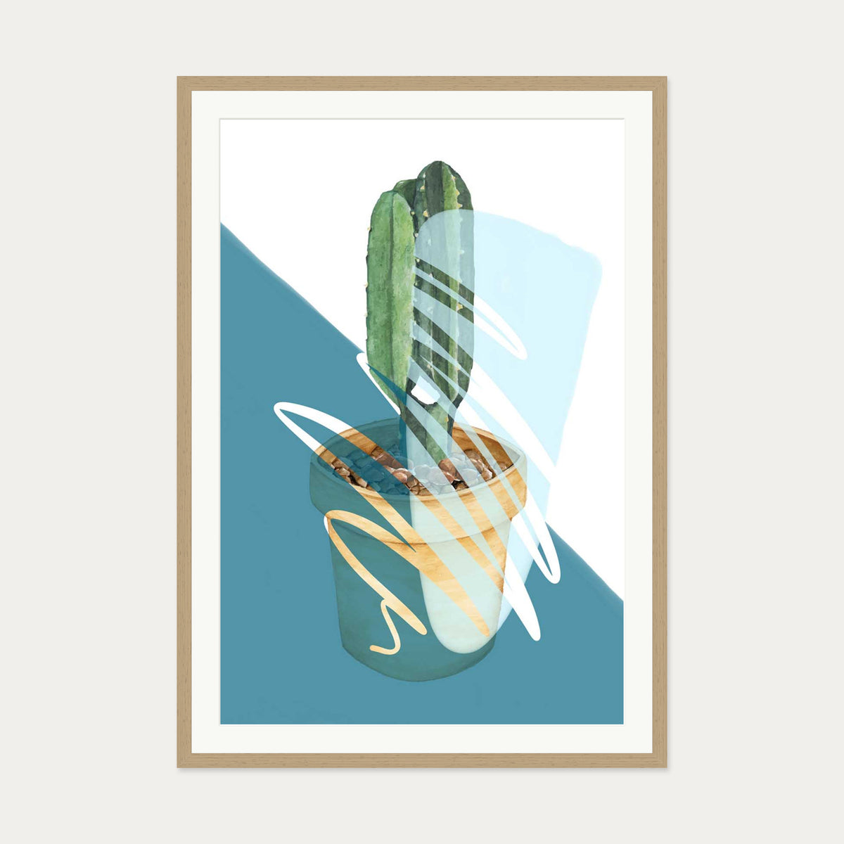 Cactus In A Pot Art Print — 70 x 100 cm — Oak Frame