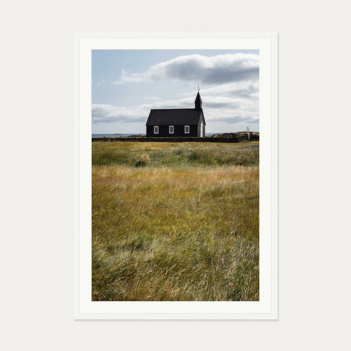 Church In A Field Wall Art Print — 70 x 100 cm — White Frame