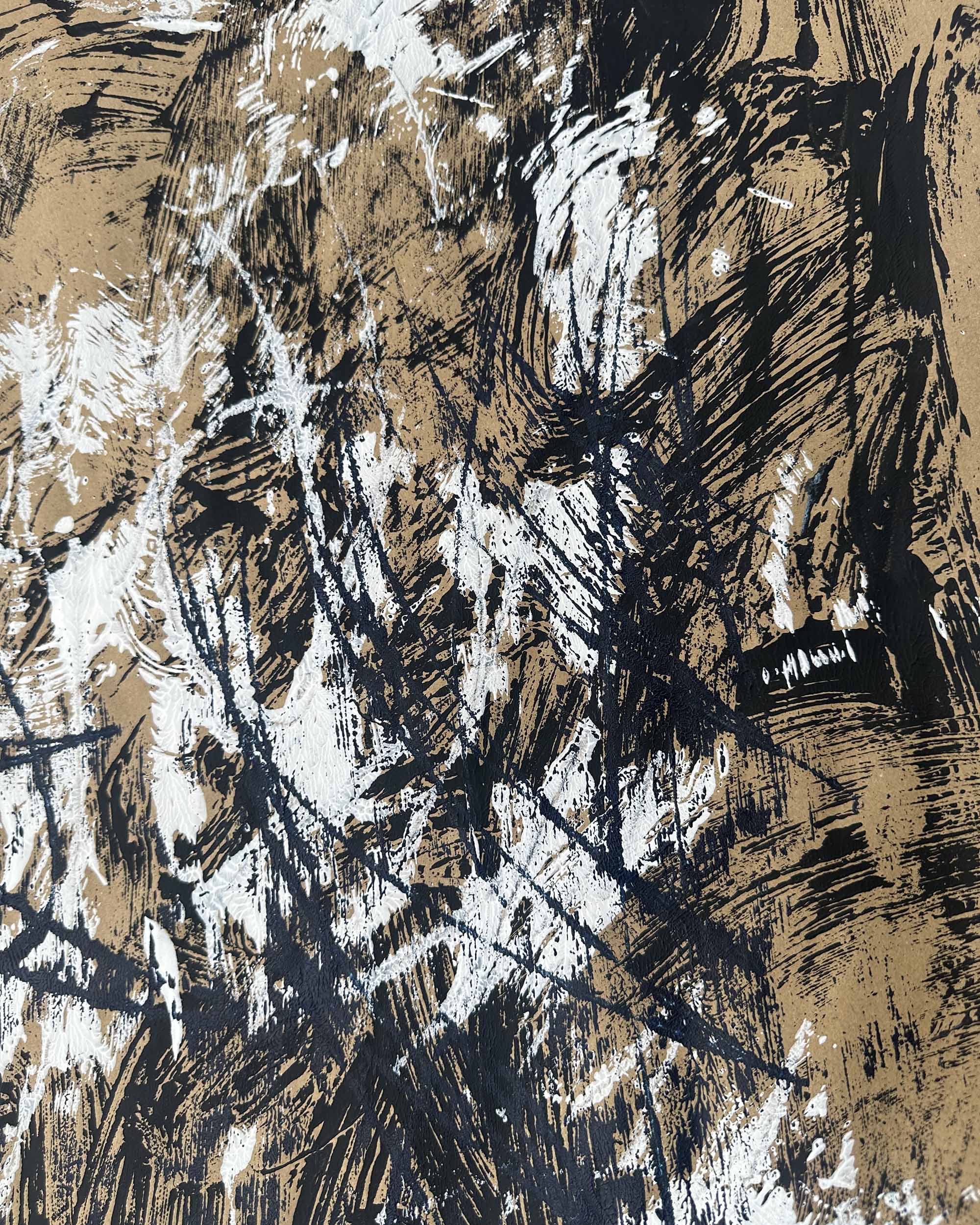 Abstract art with black, white, and brown brush strokes on a textured background