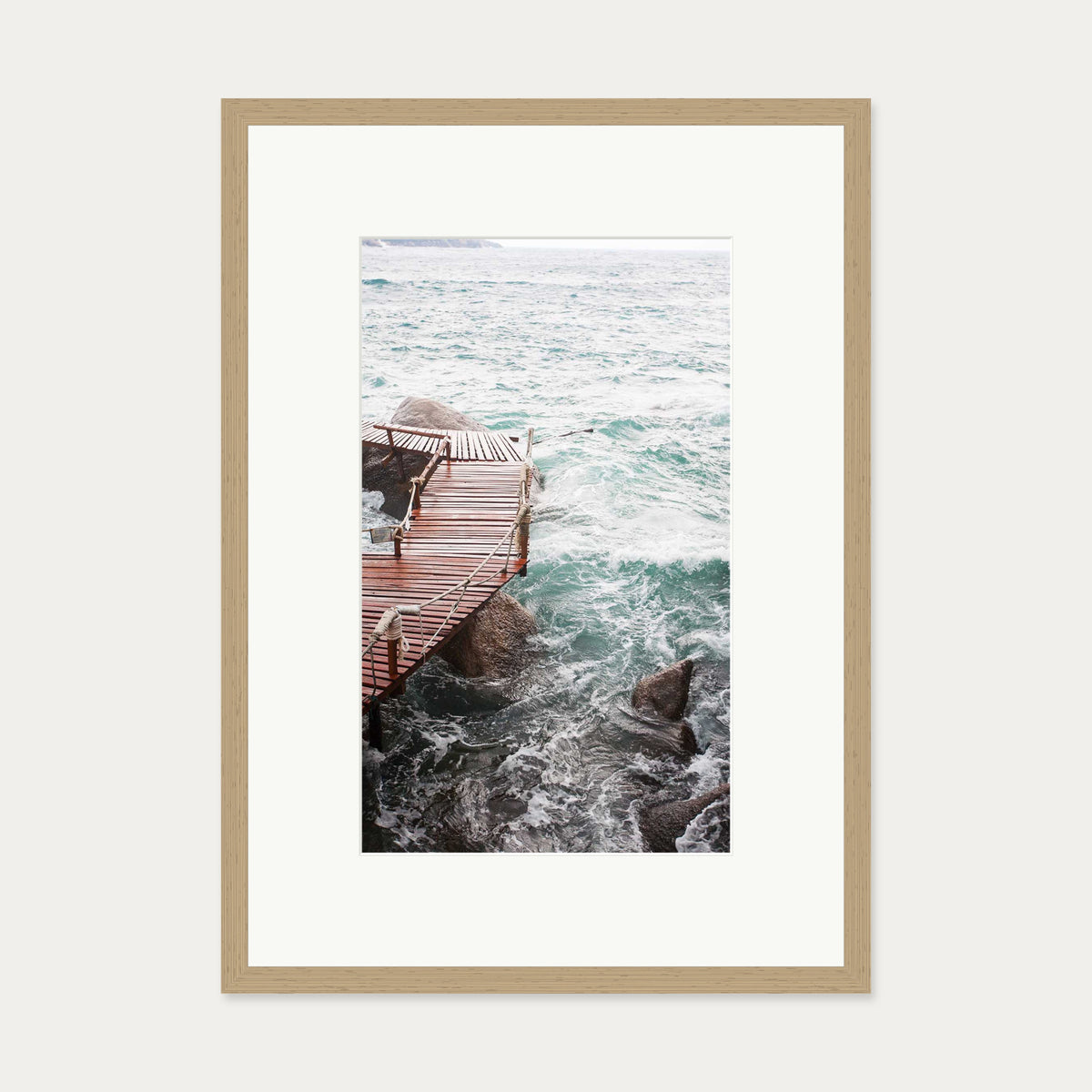 Coastal Waves On The Pier Art Print — 50 x 70 cm — Oak Frame