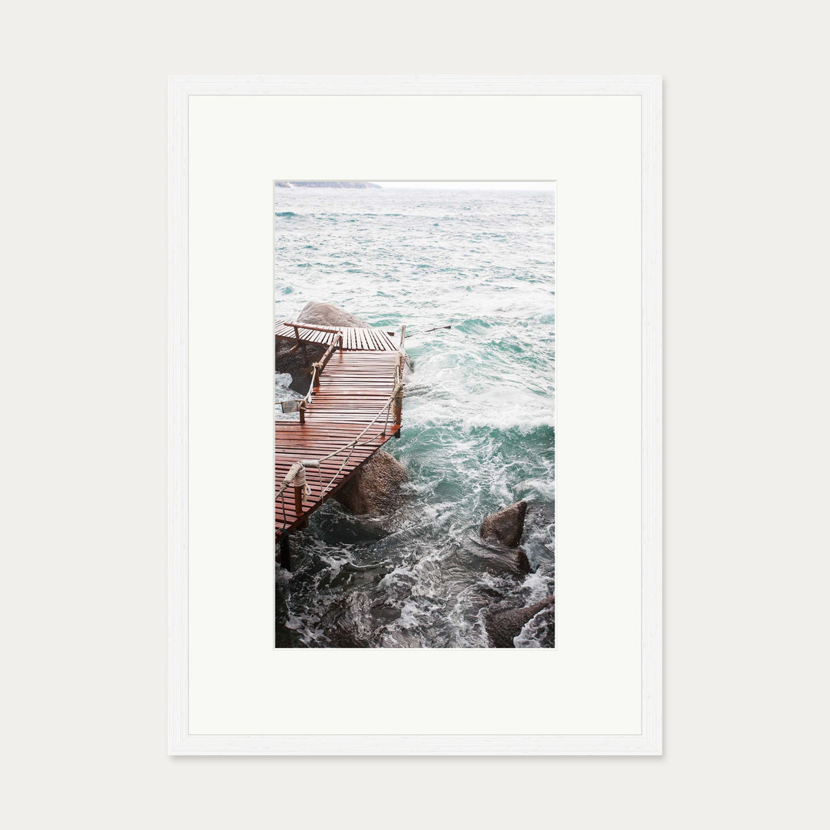 Coastal Waves On The Pier Art Print — 50 x 70 cm — White Frame