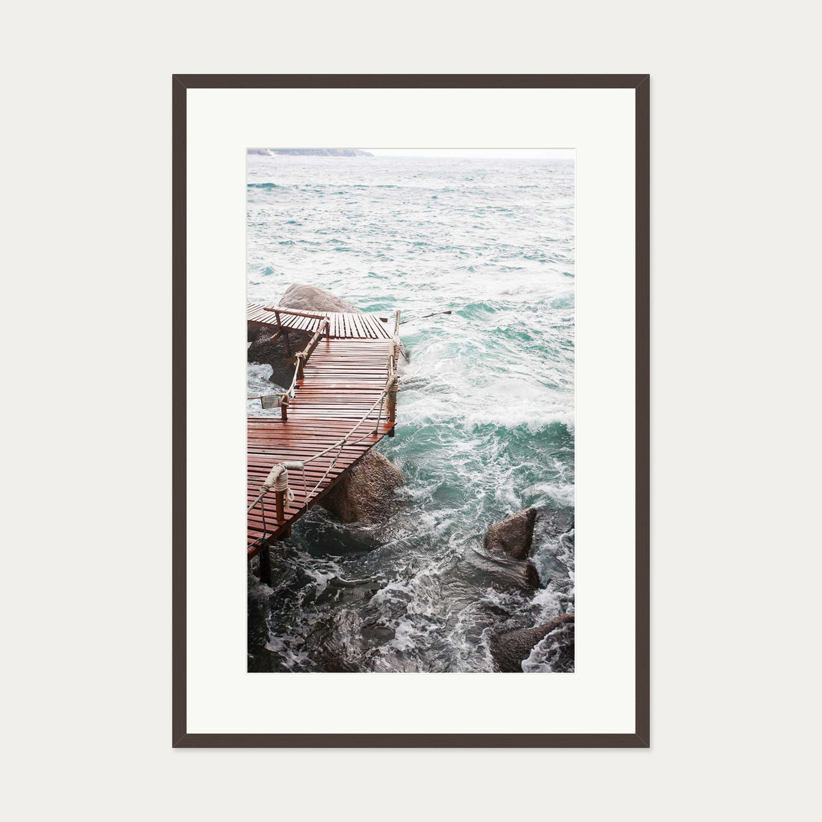 Coastal Waves On The Pier Art Print — 70 x 100 cm — Brown Frame