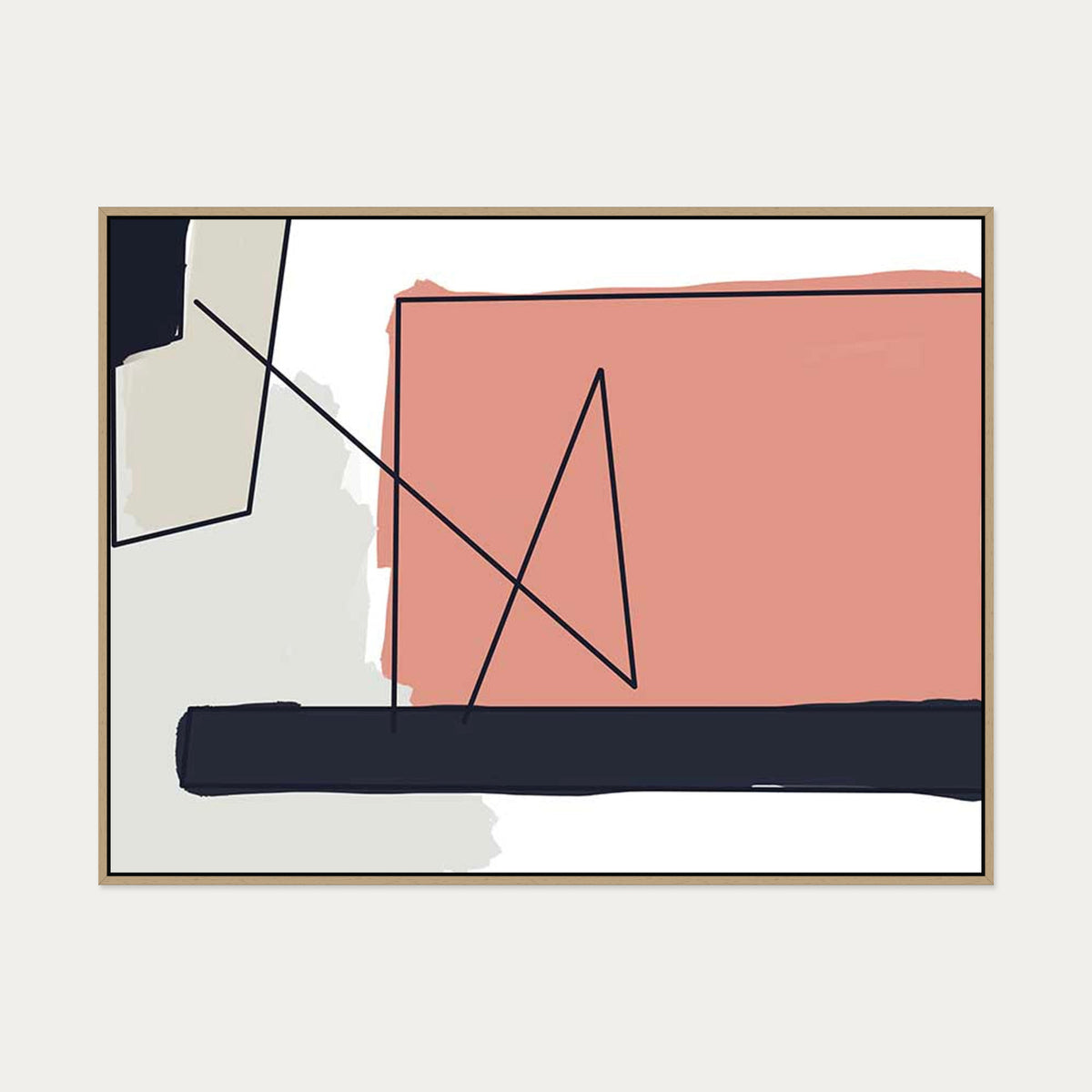 Coral On Grey Shapes Canvas Art — 90 x 120 cm — Oak Frame