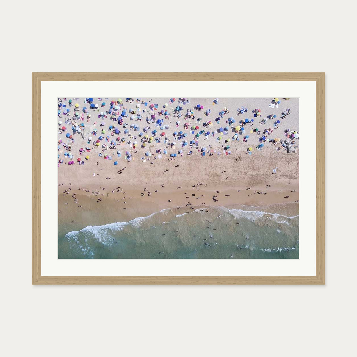 Crowded Beach Wall Art Print — 50 x 70 cm — Oak Frame