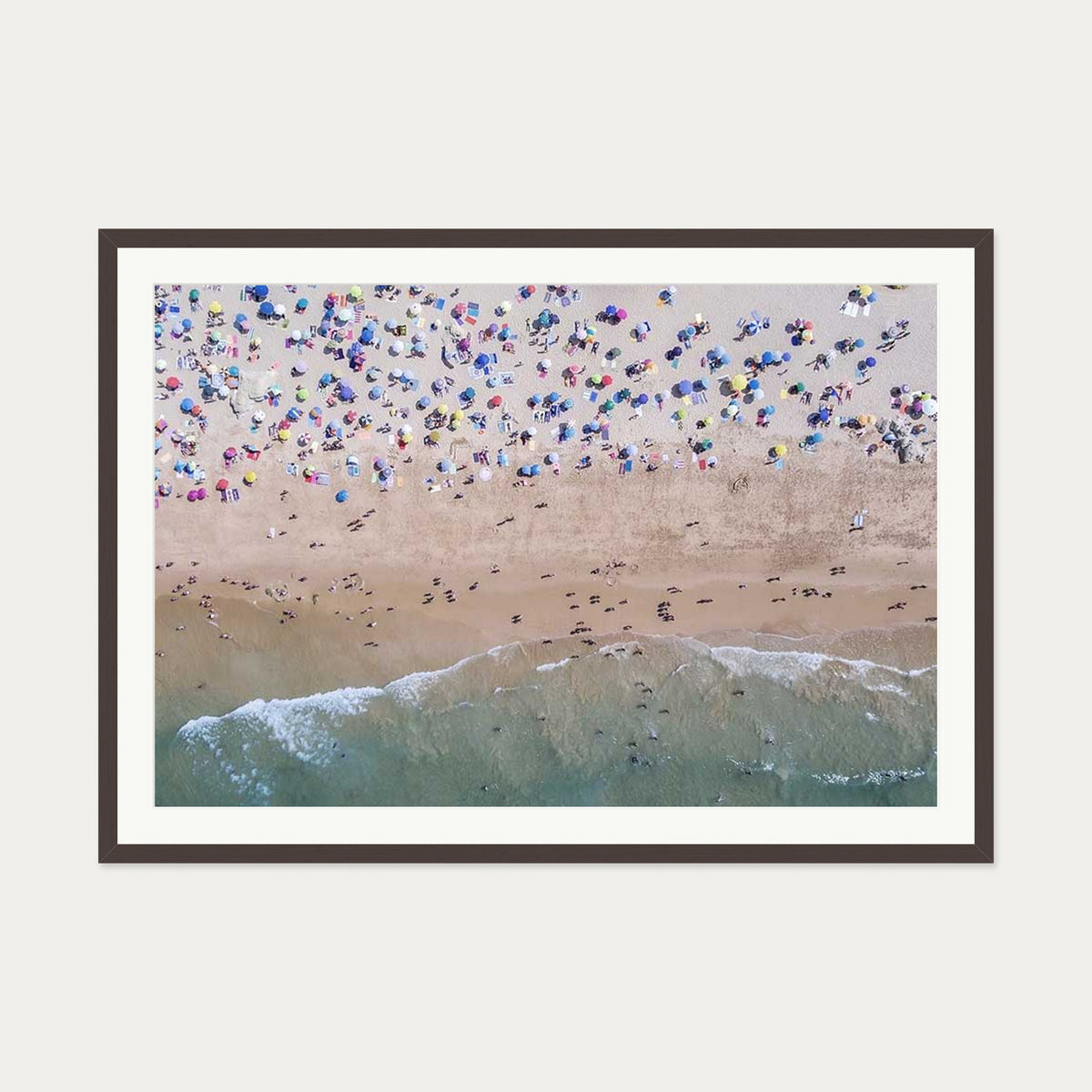 Crowded Beach Wall Art Print — 70 x 100 cm — Brown Frame