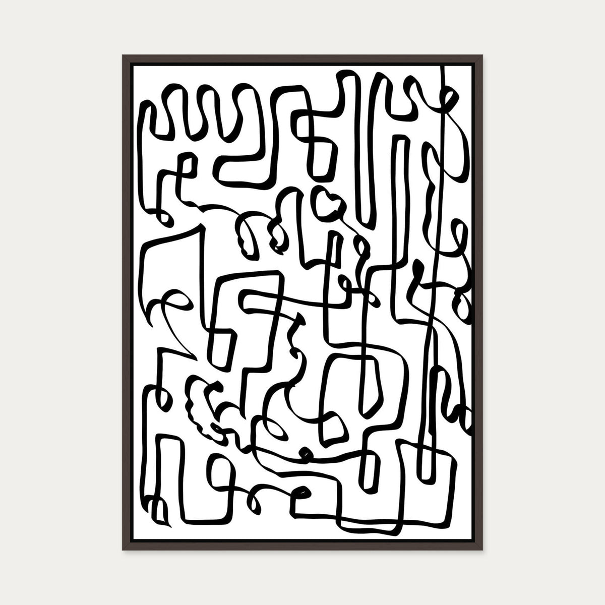Curved Black Lines Canvas Art — 50 x 70 cm — Brown Frame