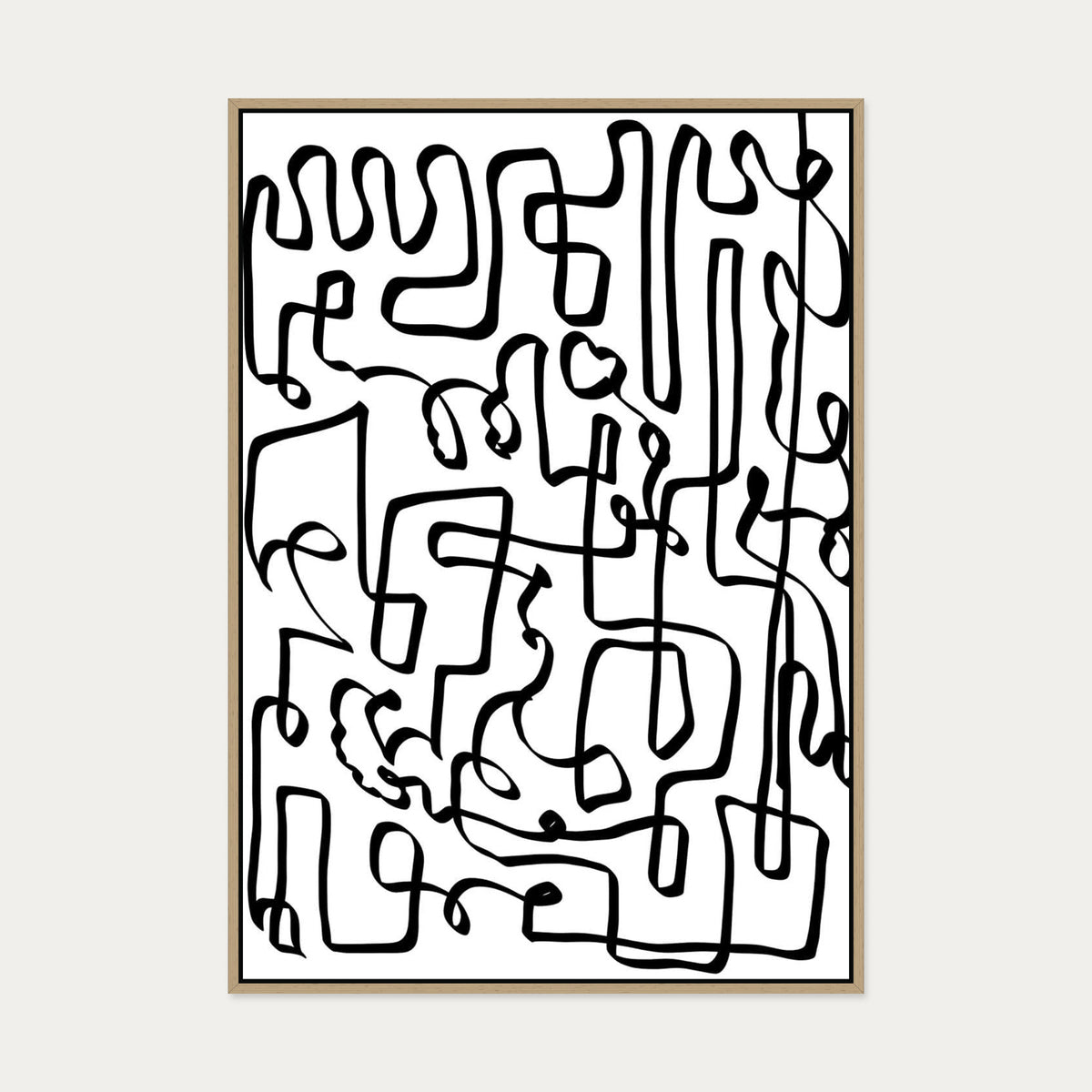 Curved Black Lines Canvas Art — 70 x 100 cm — Oak Frame