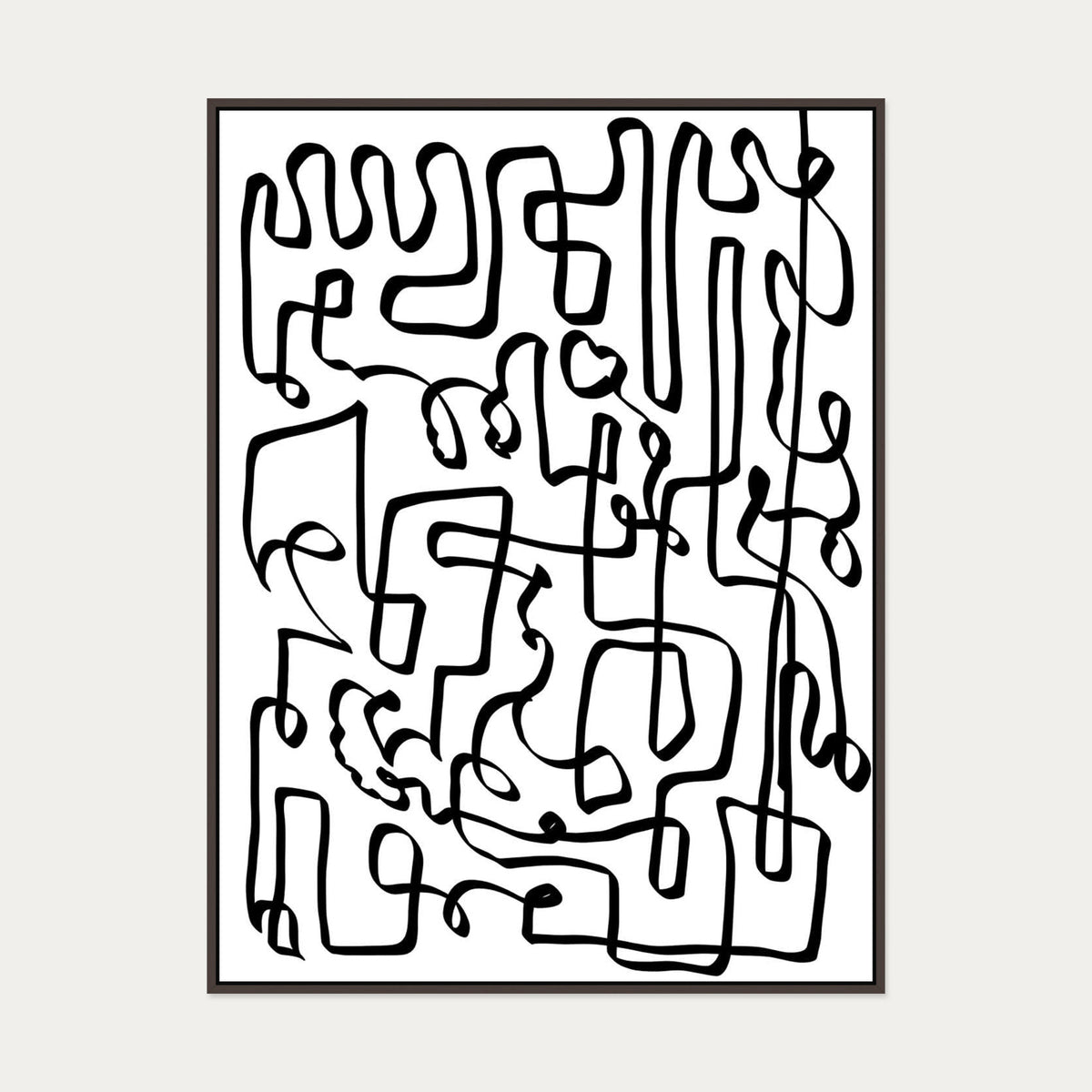 Curved Black Lines Canvas Art — 90 x 120 cm — Brown Frame