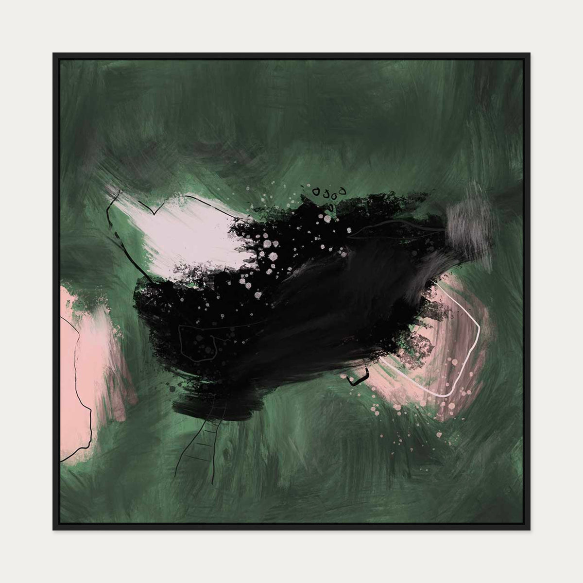 Dark Green Abstract Canvas Art — 100 x 100 cm — Black Frame