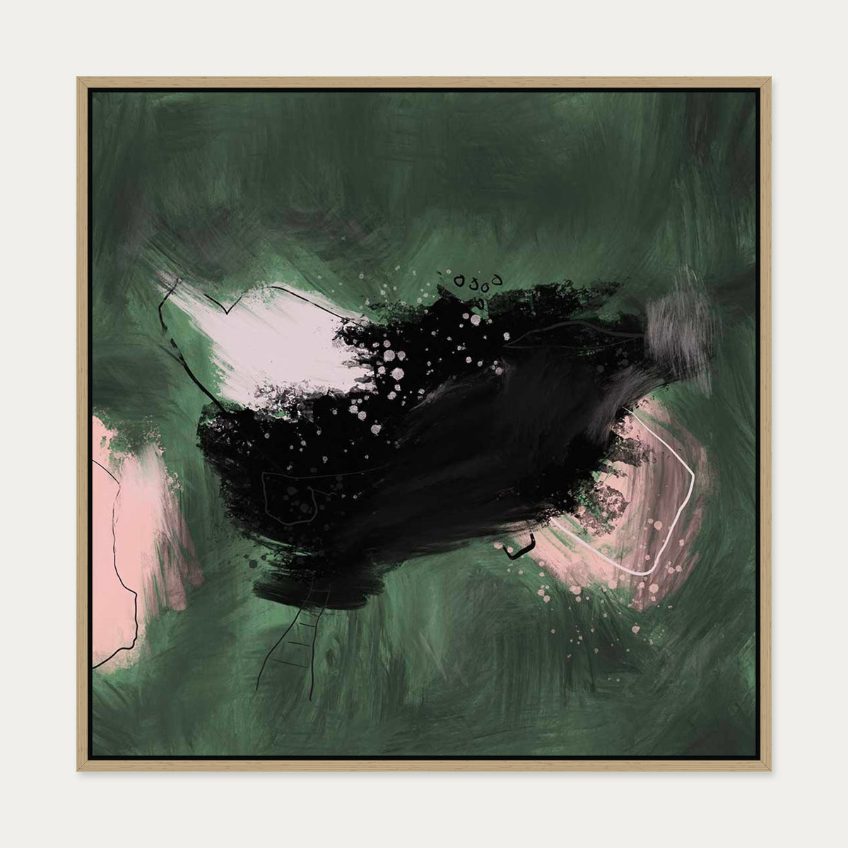 Dark Green Abstract Canvas Art — 70 x 70 cm — Oak Frame
