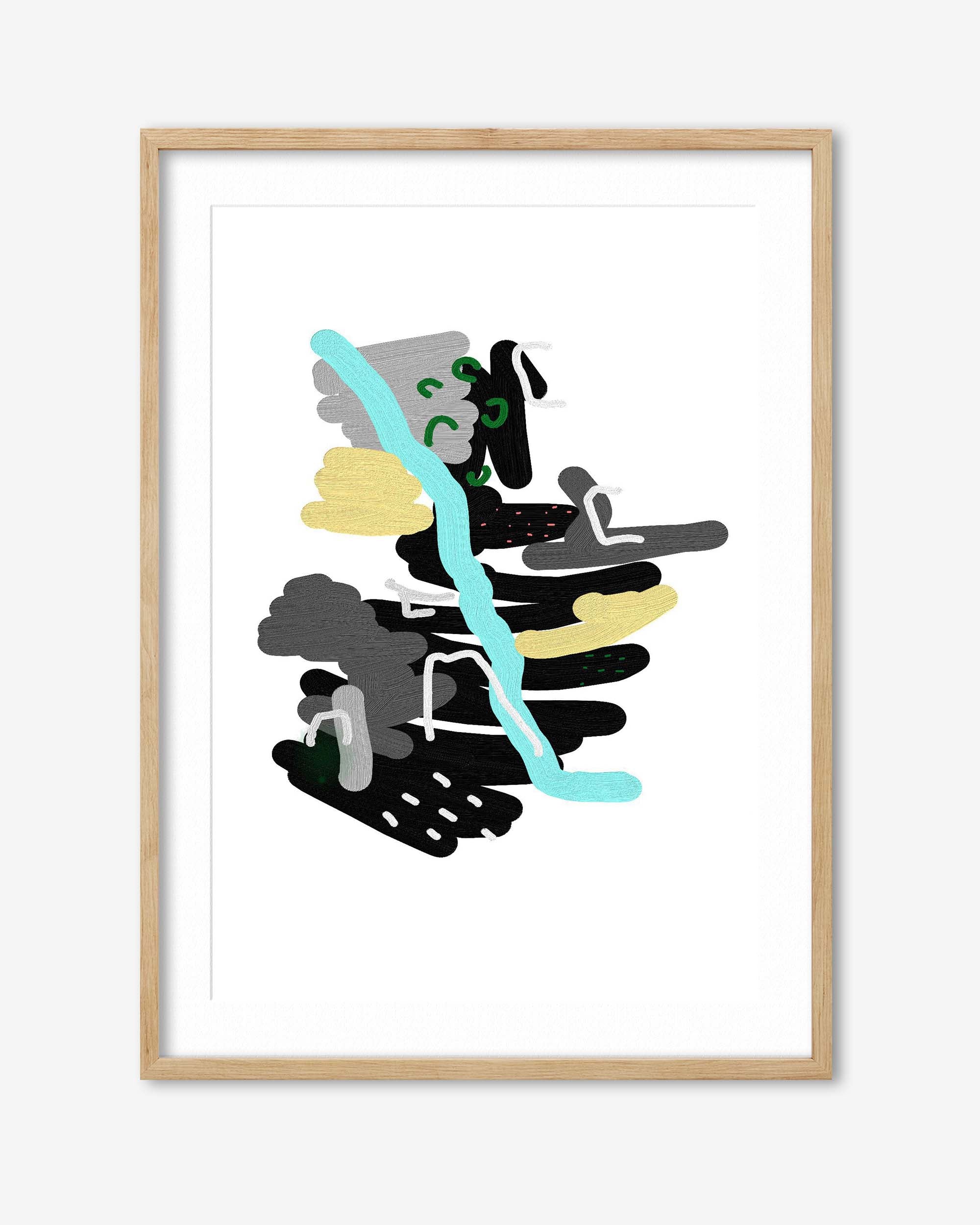 Framed abstract artwork with colorful shapes on a white background